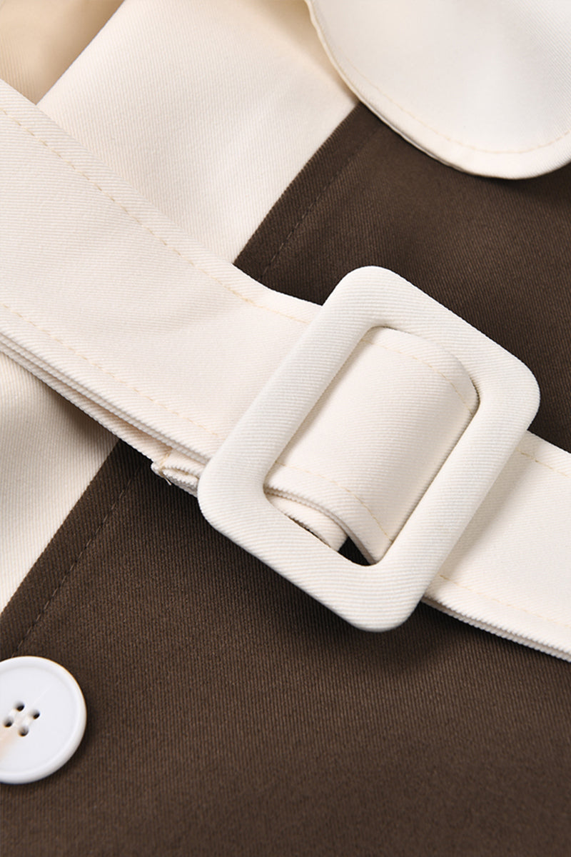 Bicolor Doppelreihiger Trenchcoat - Creme & Braun