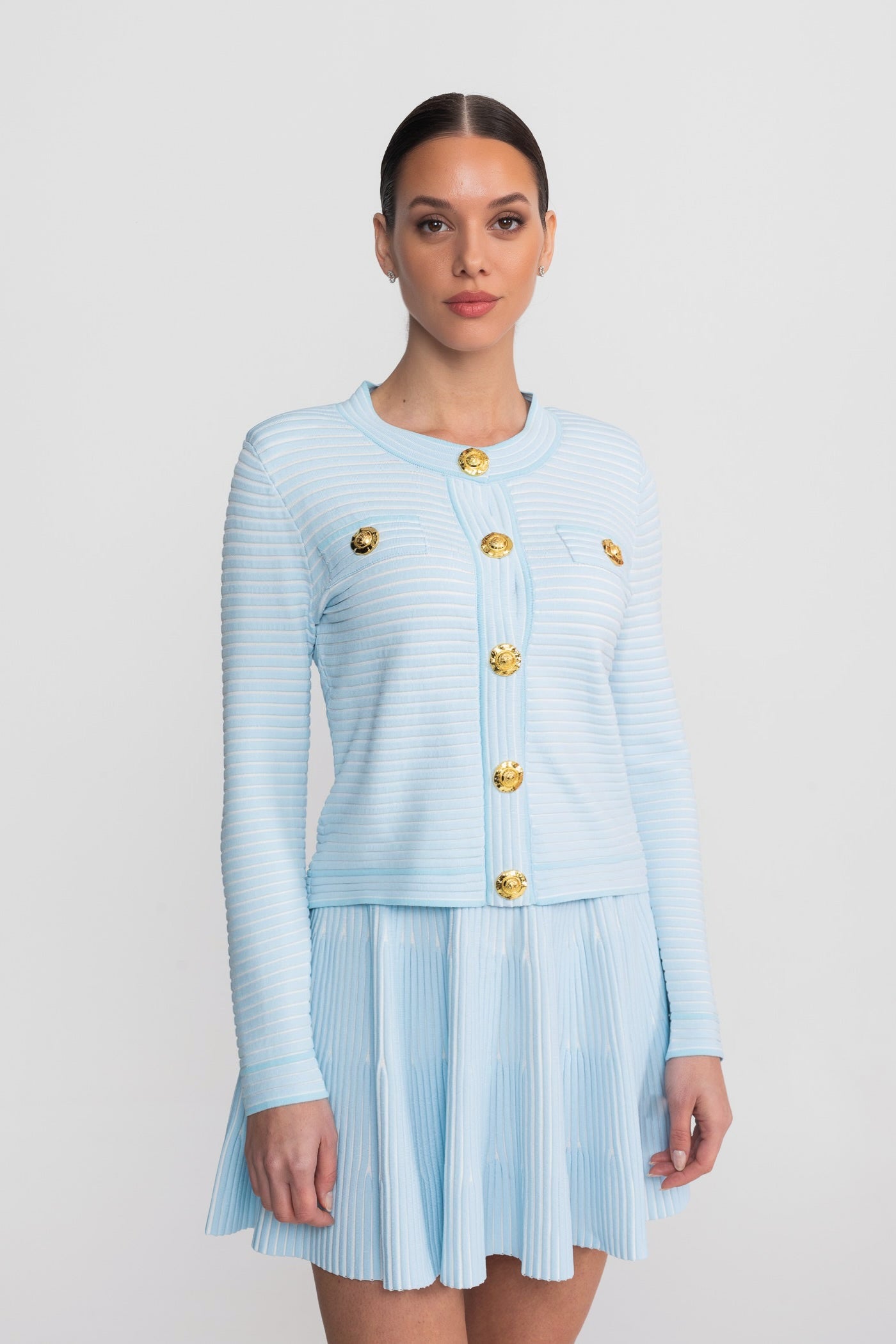 Ribbed Knit Co-Ord Set With Gold Button Embellishment - Blue