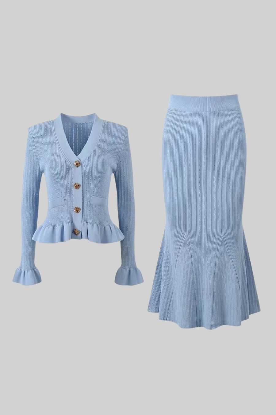 Rüschenjacke & ausgestellter Rock Strick-Set - Baby Blue