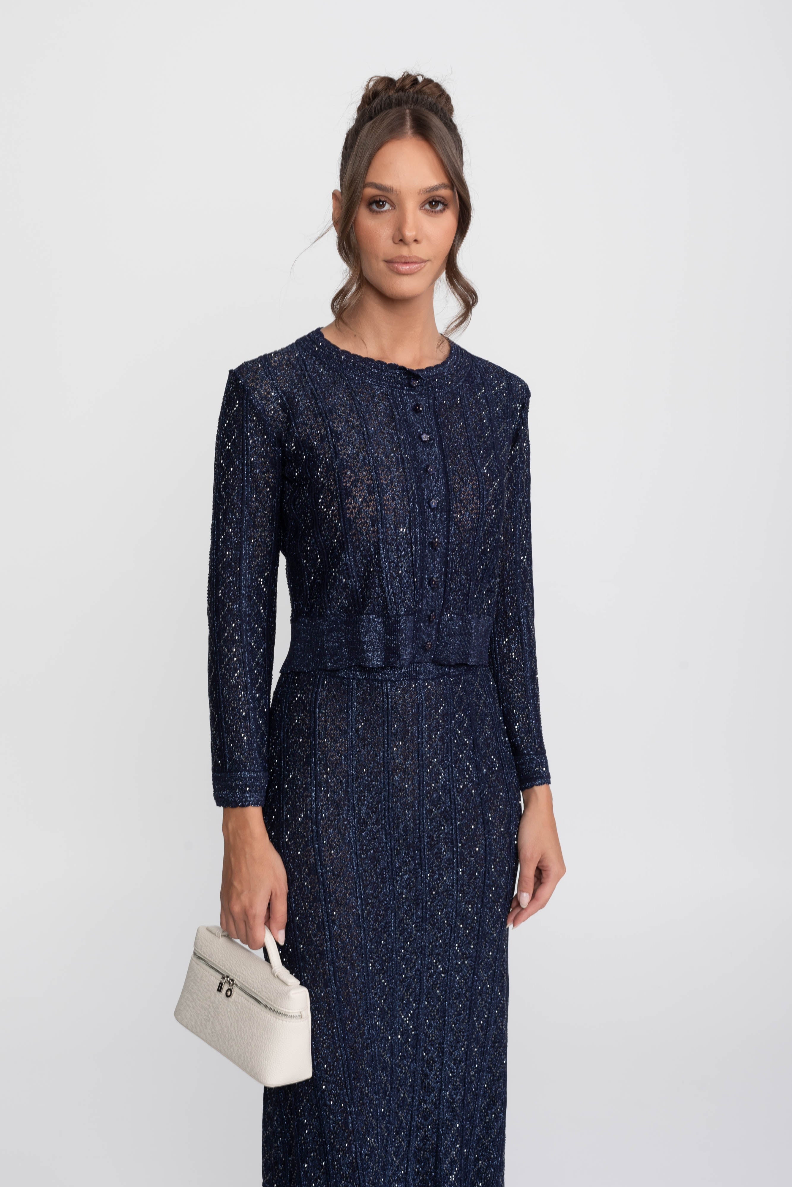 Langärmliges Co-Ord-Set aus Spitze mit Rautenmuster und Maxirock - Navy