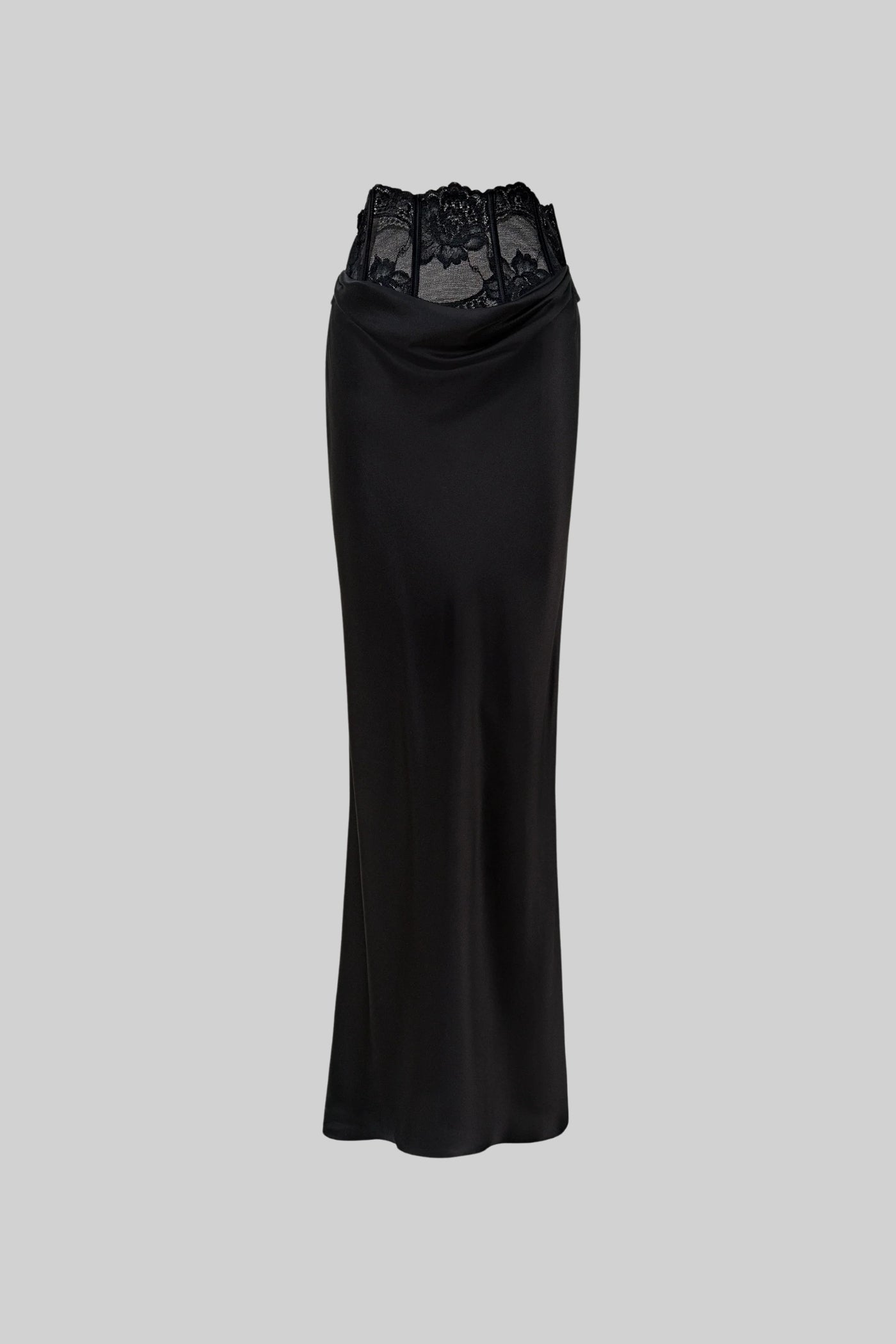 Satin Maxi Pencil Skirt with Lace Corset Waist – Black