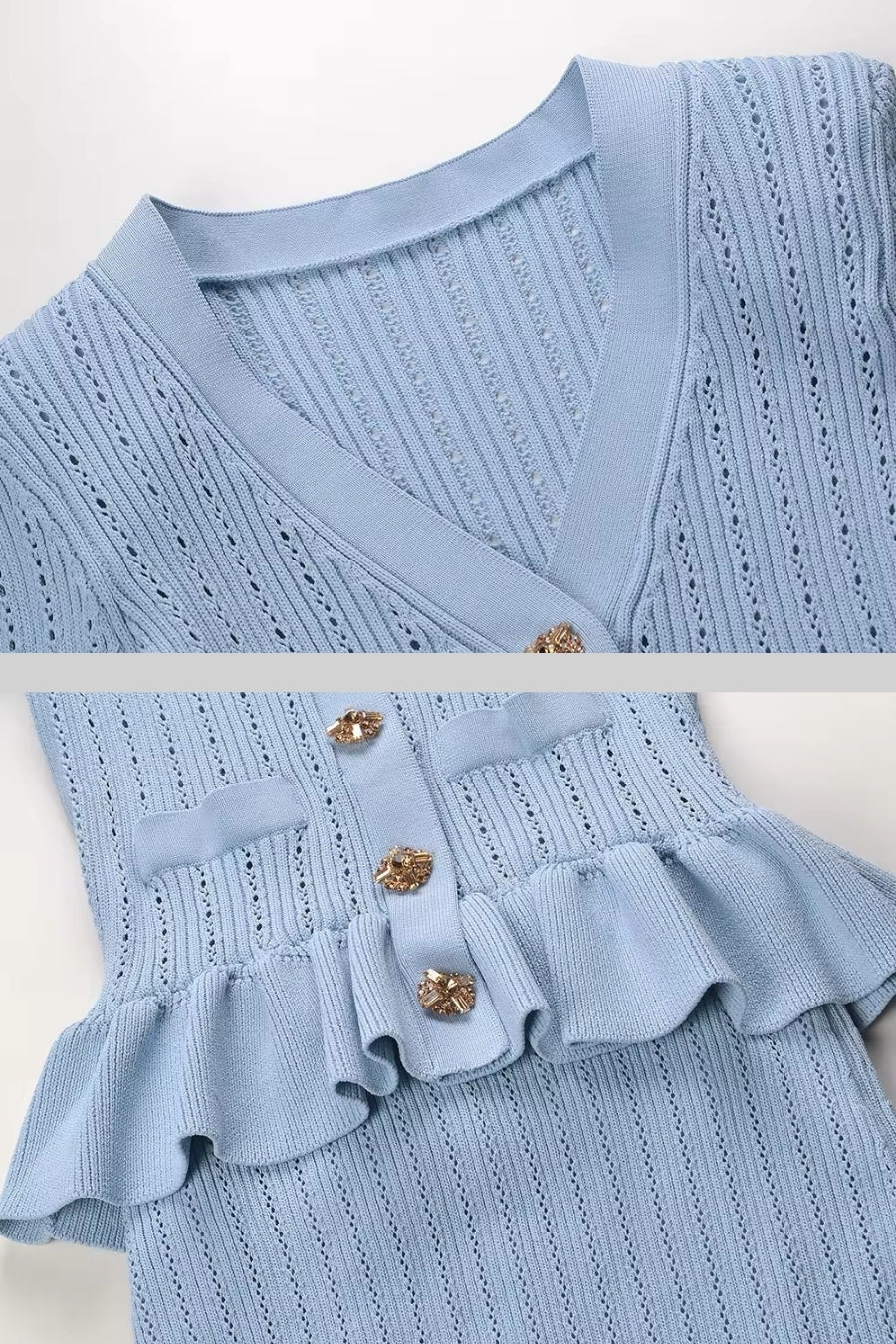 Rüschenjacke & ausgestellter Rock Strick-Set - Baby Blue