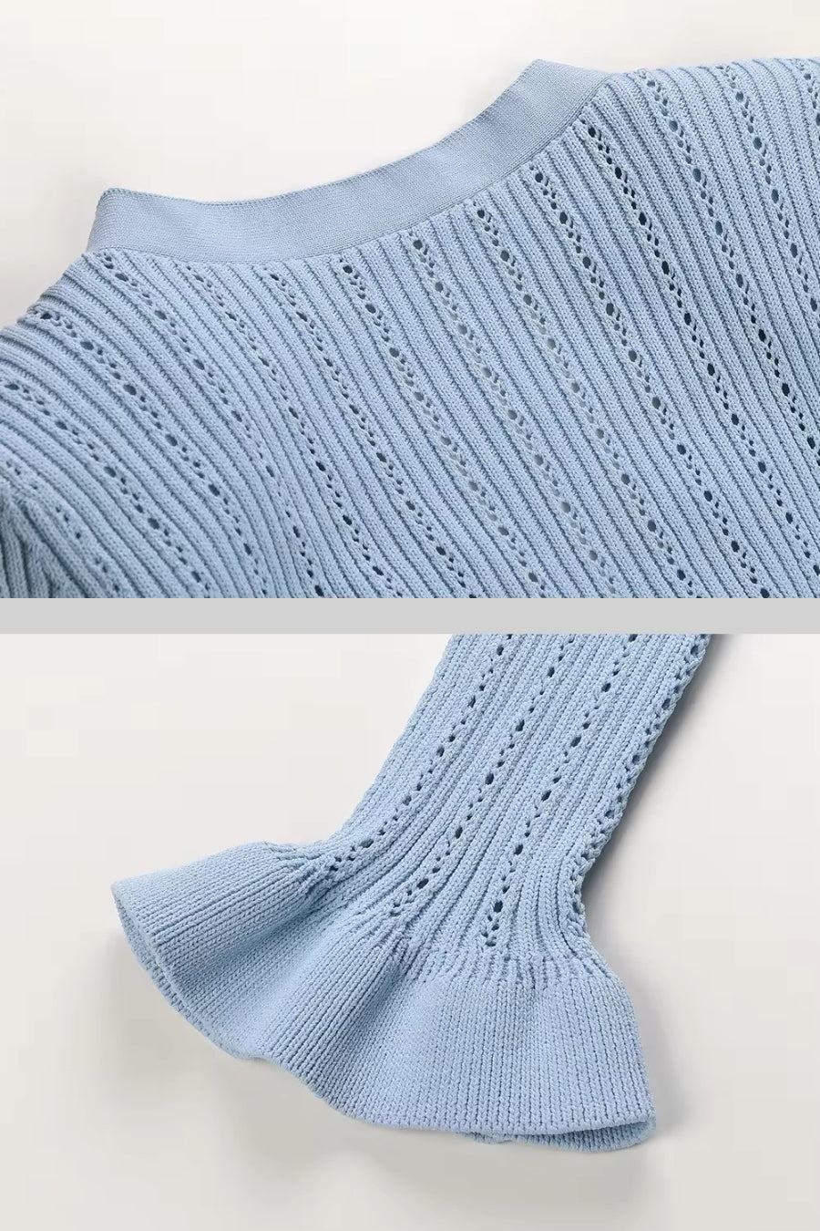 Rüschenjacke & ausgestellter Rock Strick-Set - Baby Blue