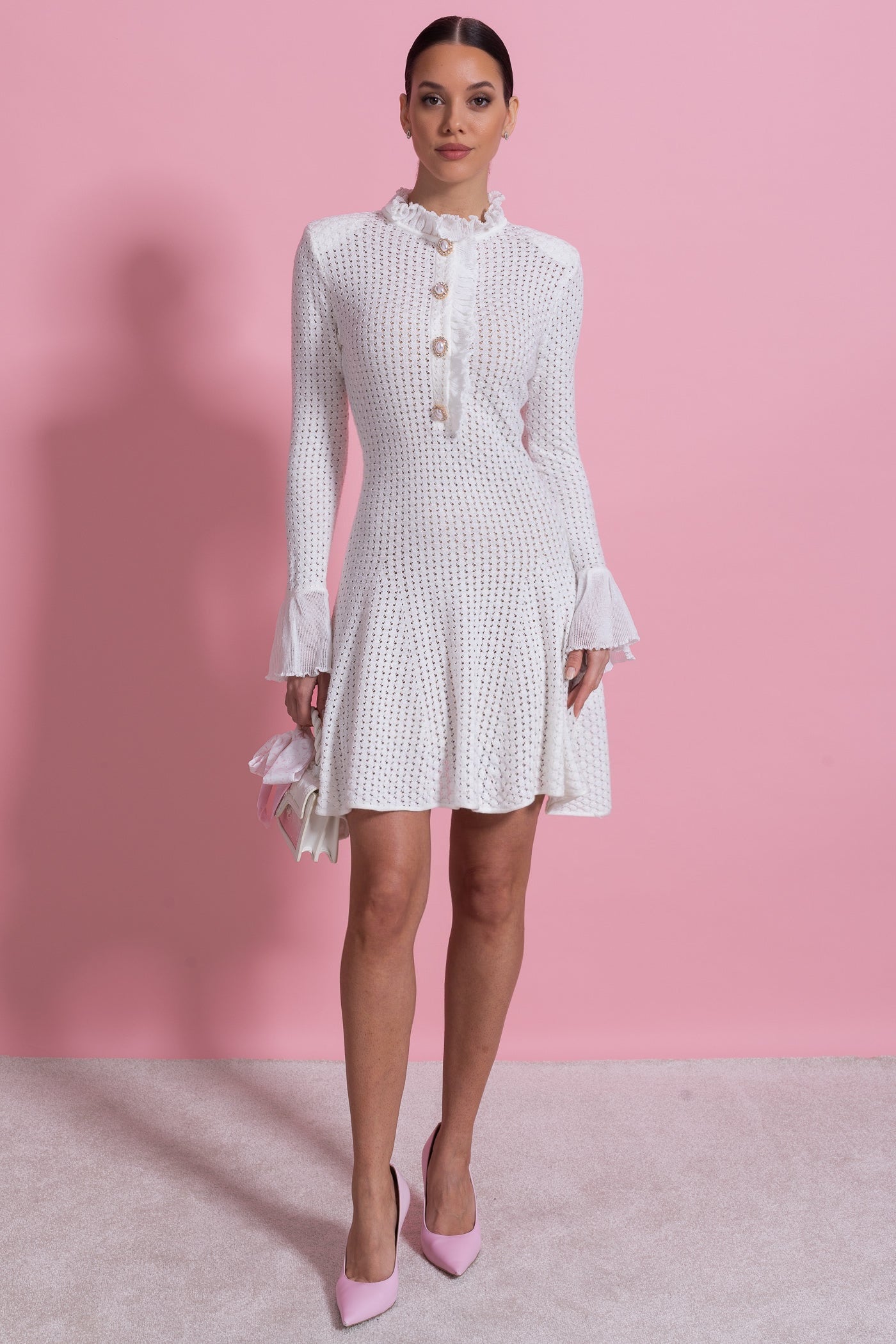 Open-Knit Mini Dress With Ruffle High Neck And Pearl Button Placket - White