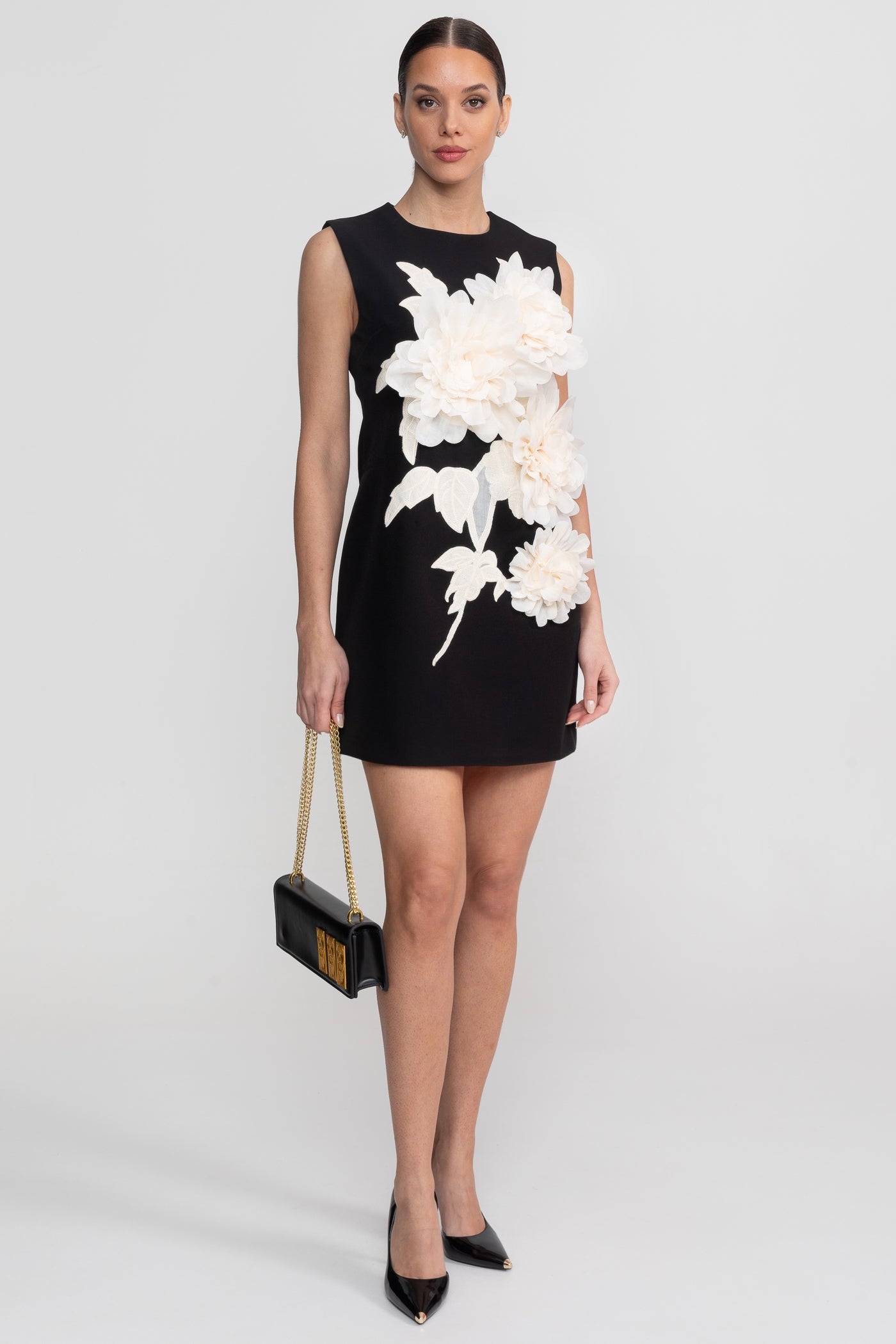 Sleeveless Mini Dress With Round Neckline And 3D Floral Appliqué - Black