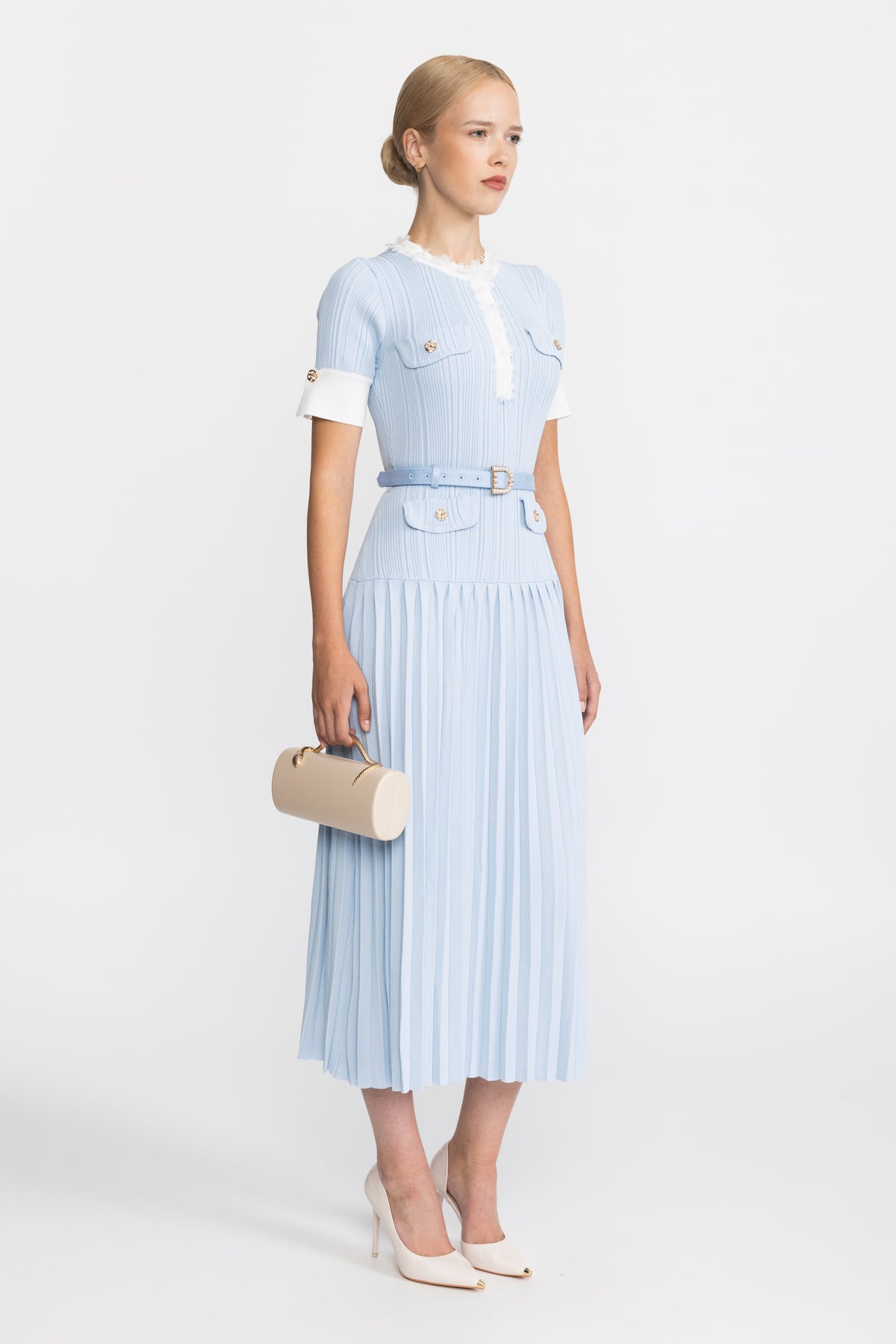 Pleated Knit Ruffle Trim Midi Dress - Light Blue