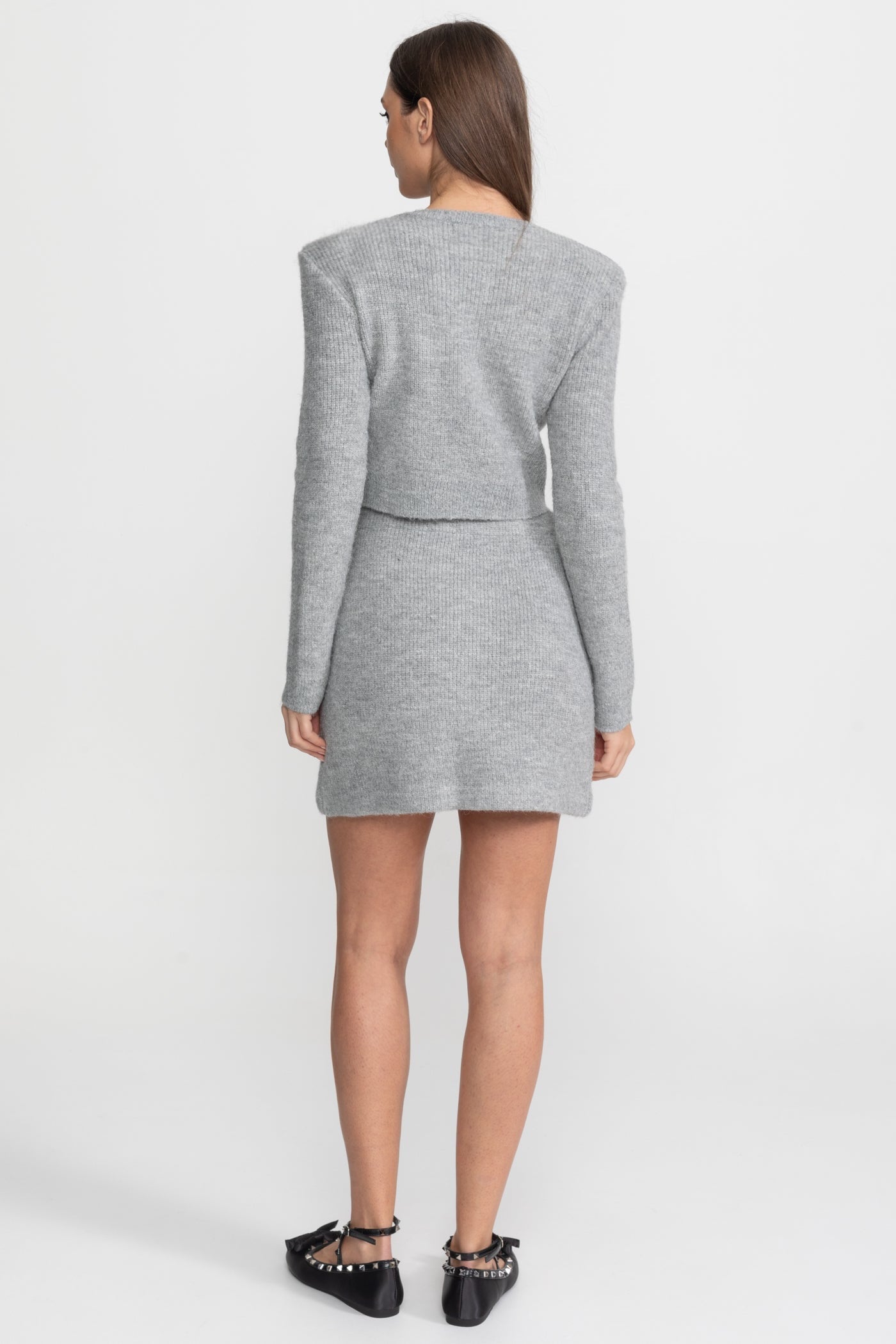 Verziertes Strick-Co-Ord-Set mit Kristallknöpfen – Grau