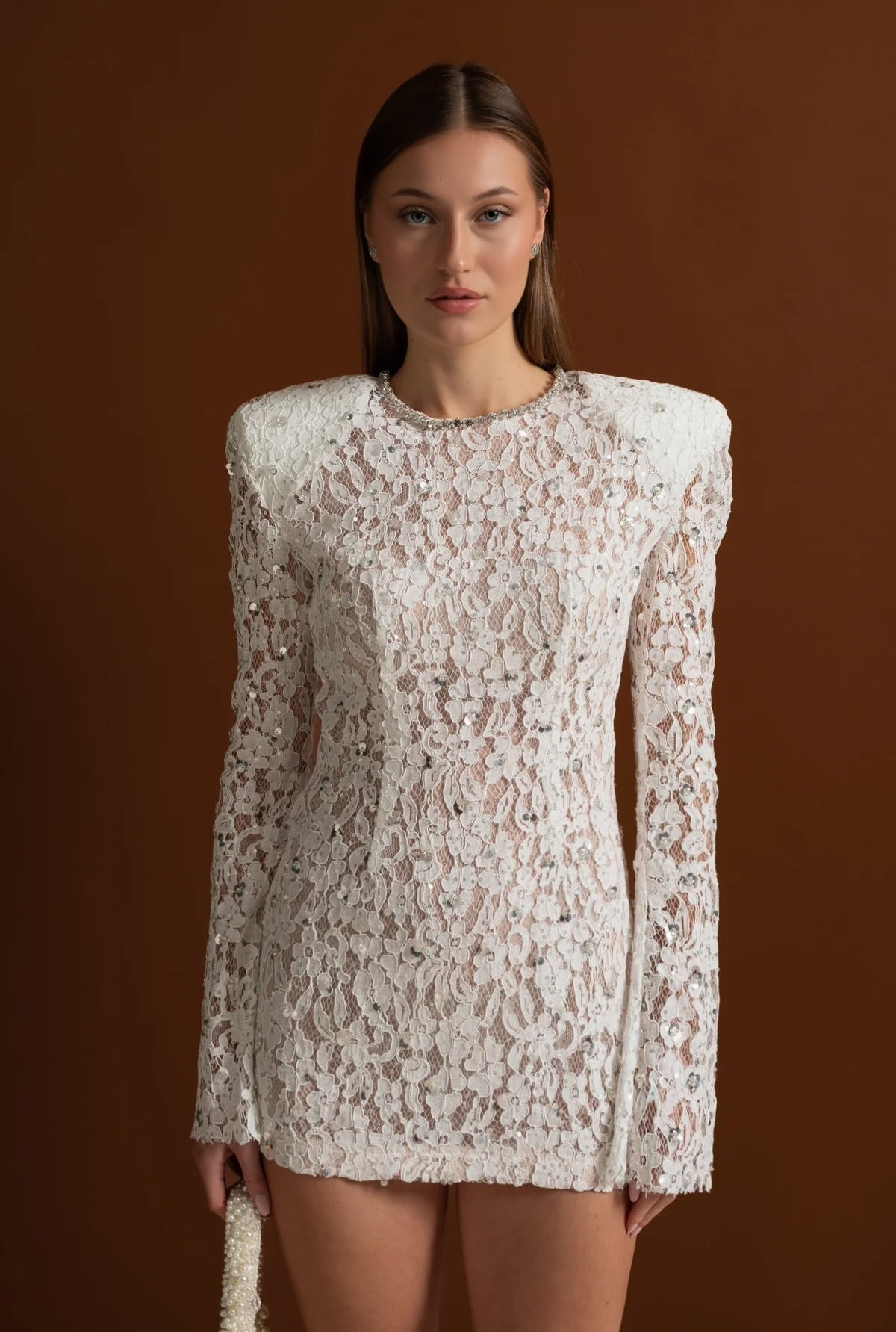 Sequin Lace Mini Dress With Structured Shoulders – White