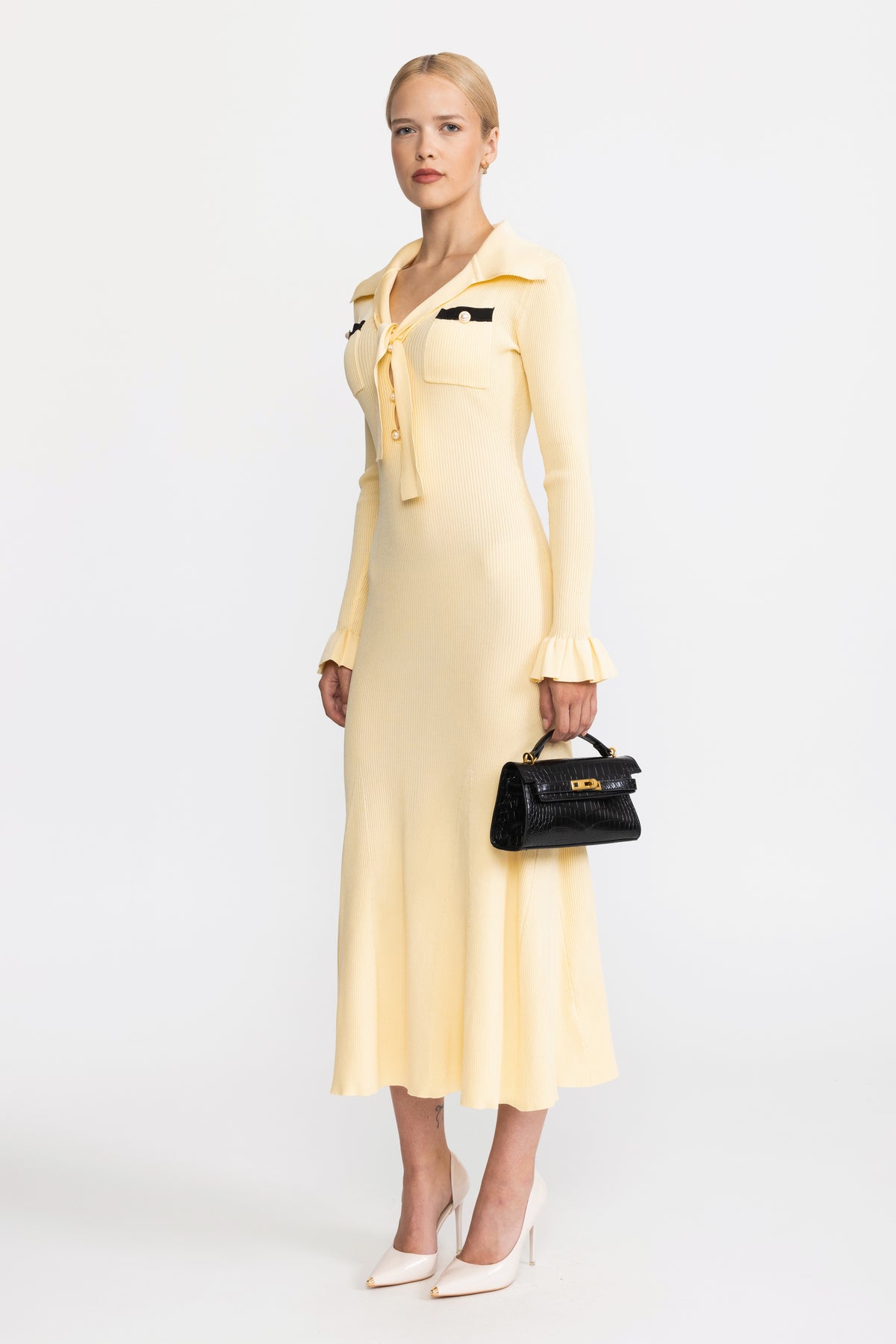 Tie Neck Rib Knit Ruffle Cuff Midi Dress - Yellow