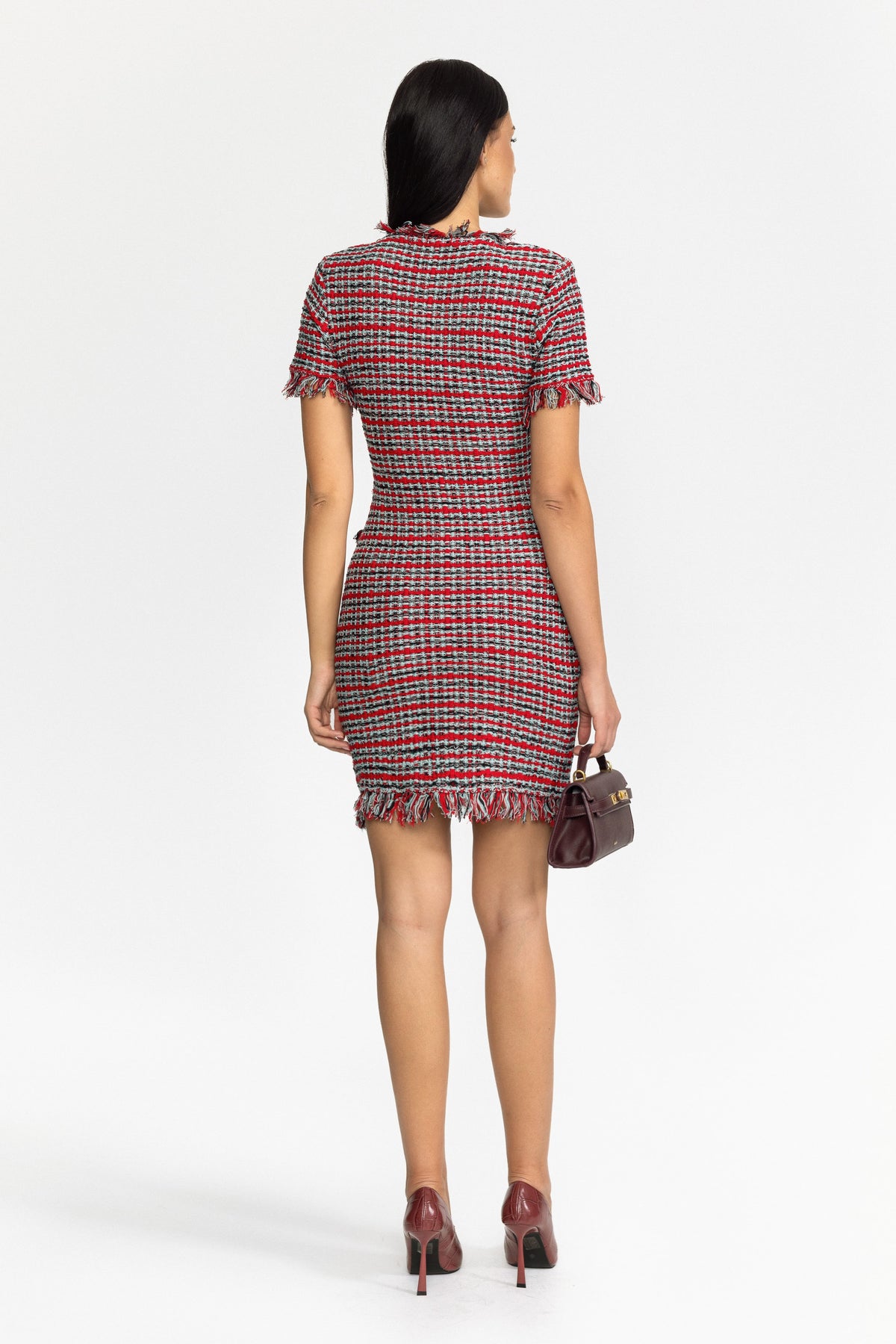 Minikleid aus Tweed-Strick mit Fransen - Rot Multicolor