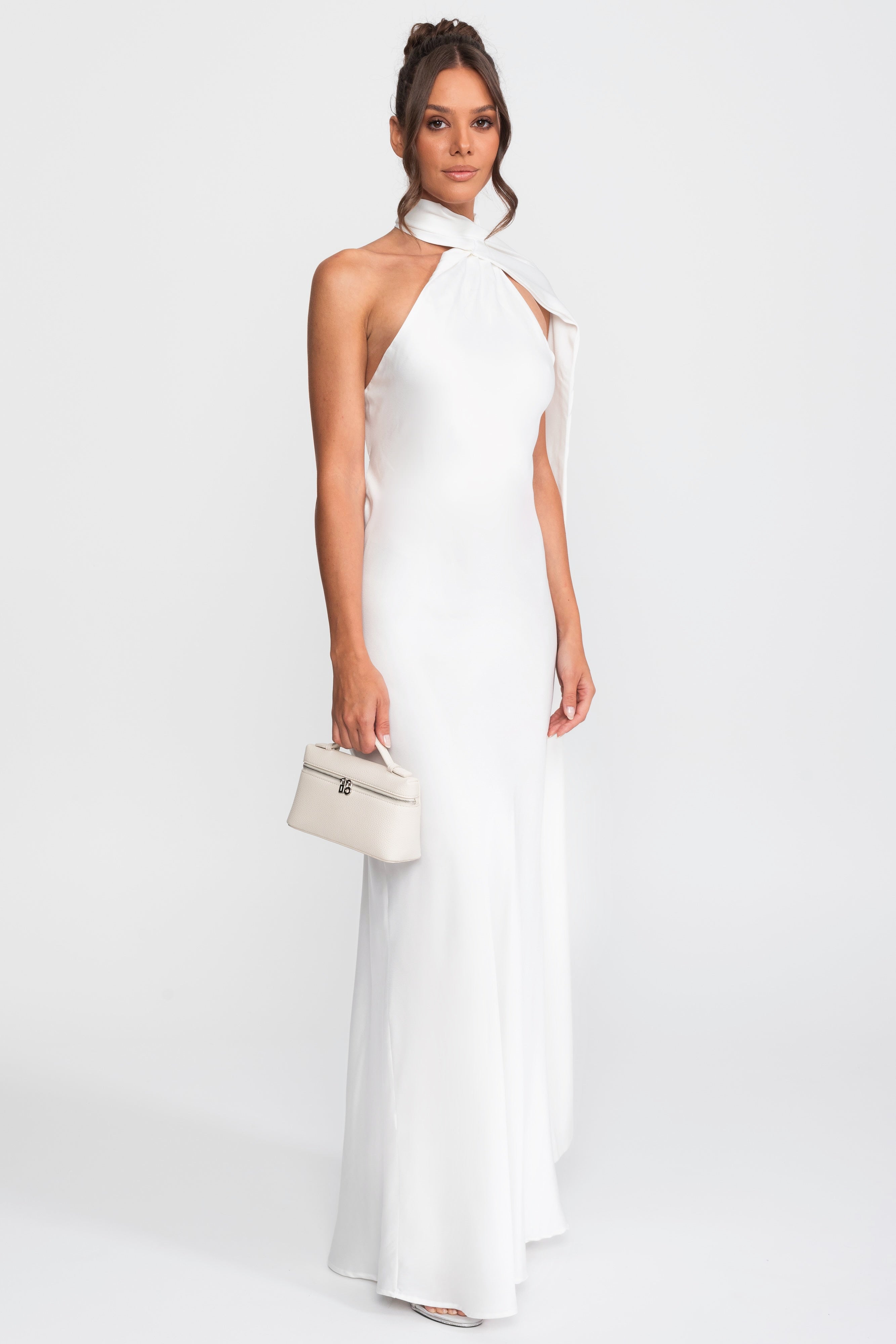 Twist Halter Satin Slip Dress With Asymmetric Neckline - White
