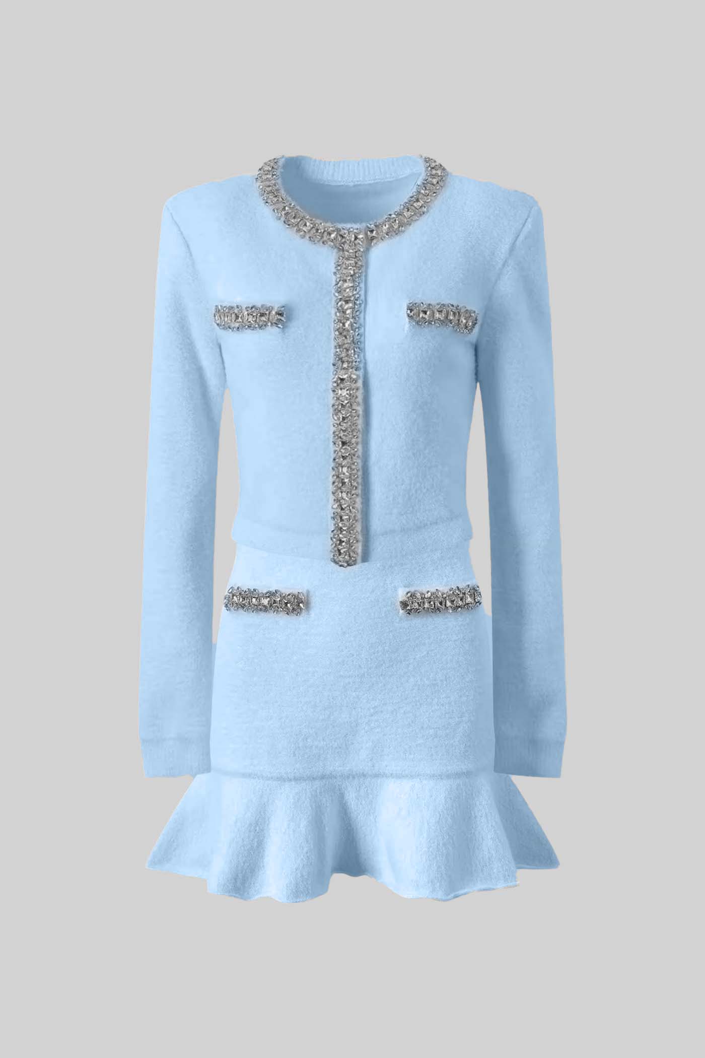 Soft Co-ord Set With Long Sleeves, Mini Skirt And Sparkling Embellishments - Blue