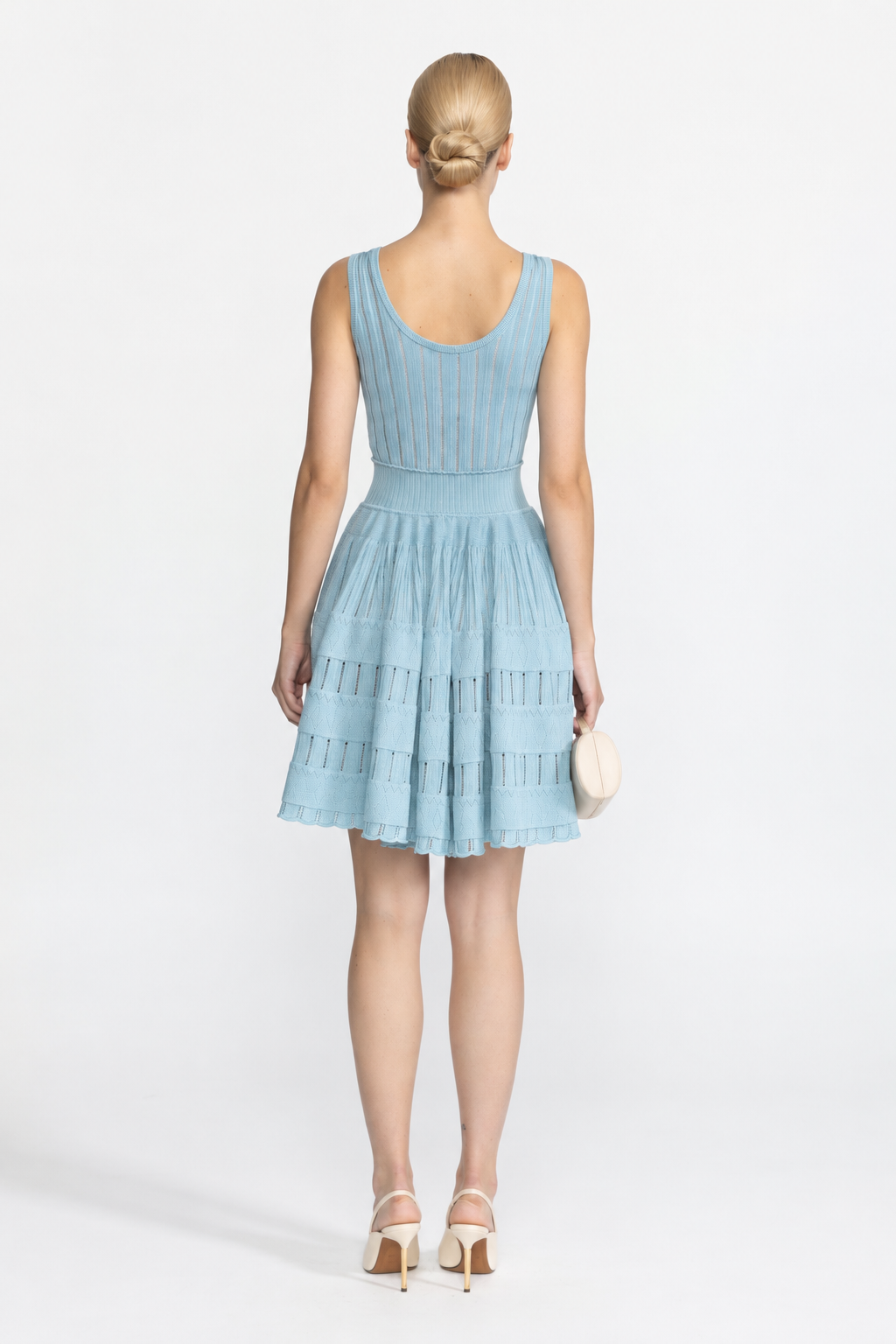 Rib Pointelle Knit Cropped Cardigan and Skater Dress Set - Light Blue