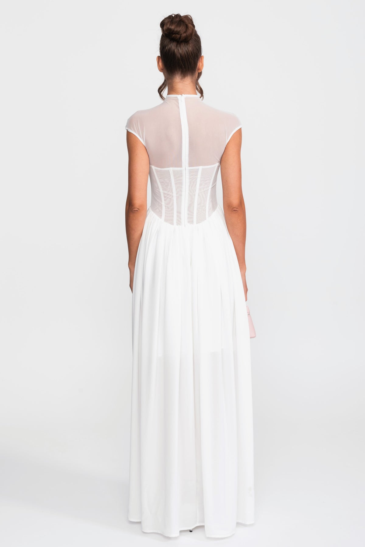 Transparantes Corsagen-Maxikleid mit Cap-Ärmeln – Weiß