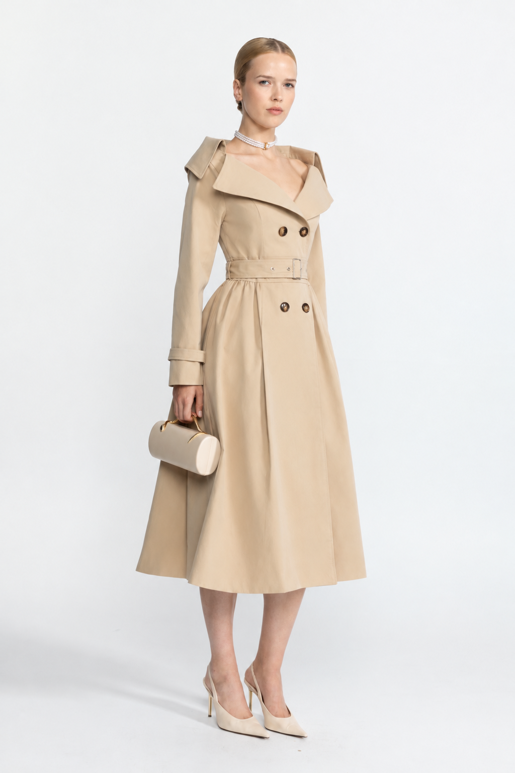 Off-Shoulder Collar Belted Trench Dress - Beige