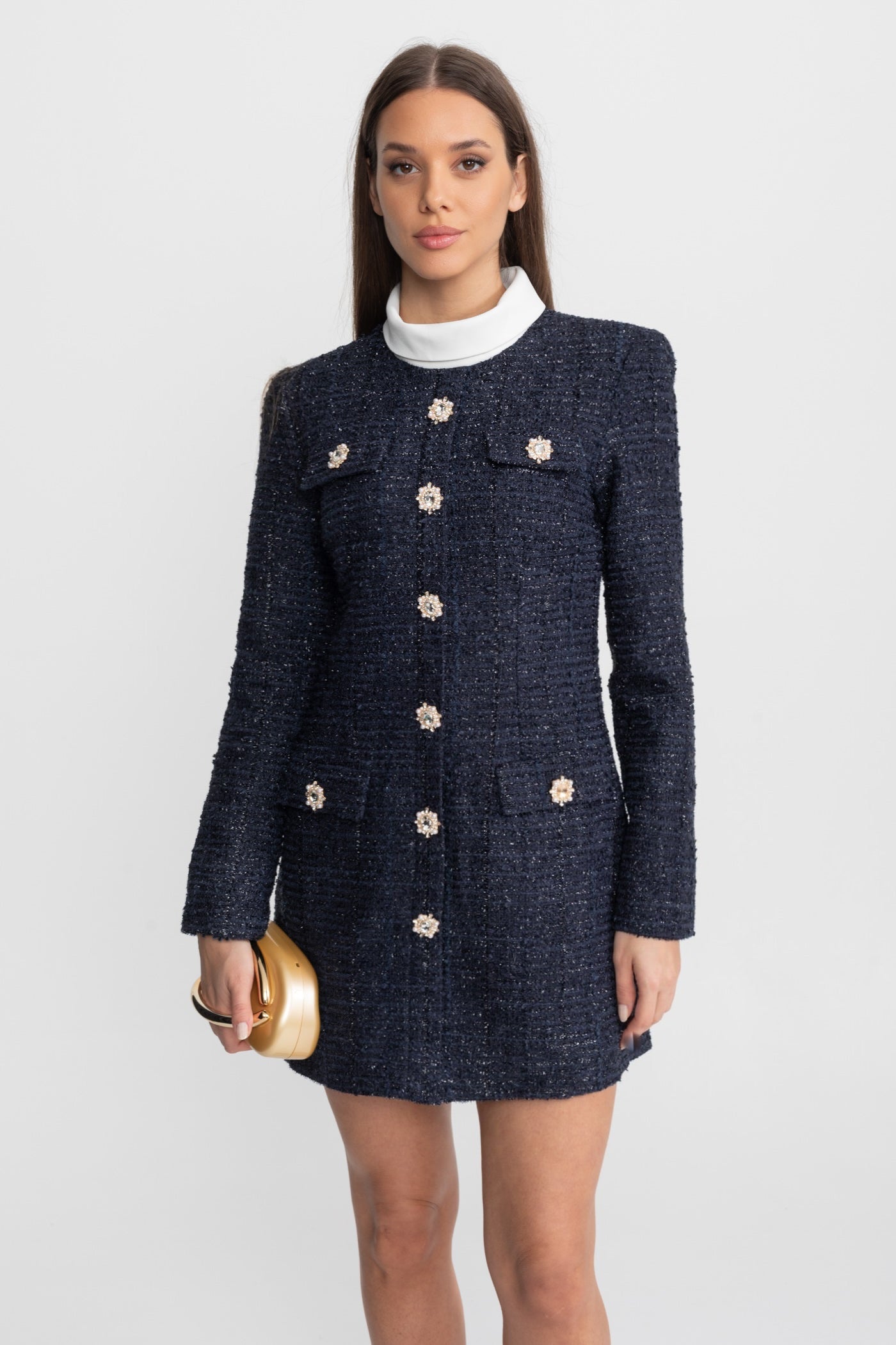Textured Tweed Mini Dress with Crystal Button Embellishments – Navy