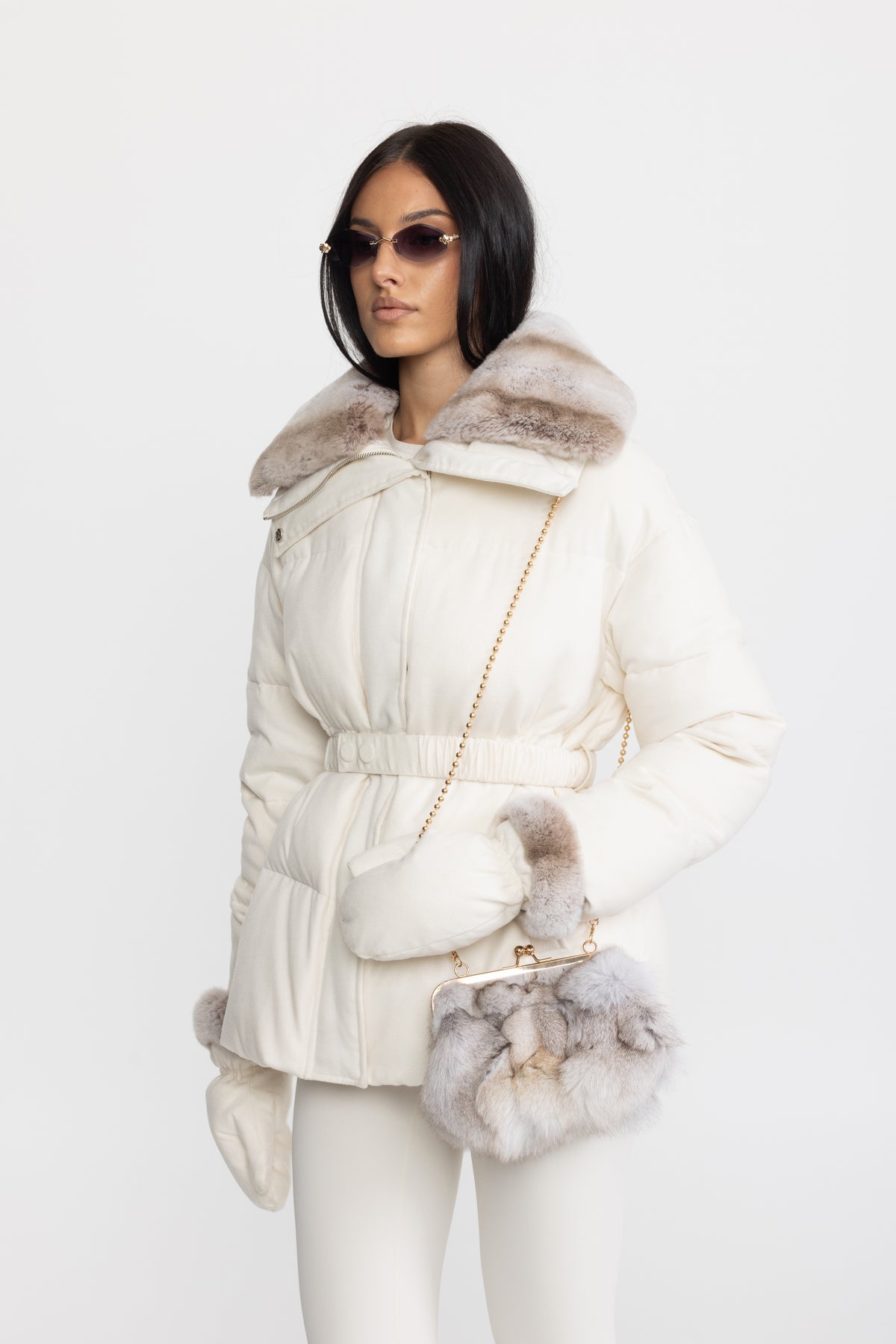 Rex Rabbit Fur Collar Cotton-Silk Down Jacket - Ivoire