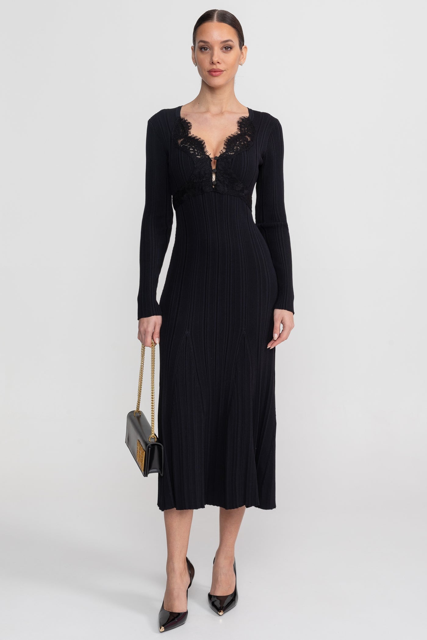 Ribbed Long Sleeve Midi Dress With Lace-Trim V-Neckline - Black