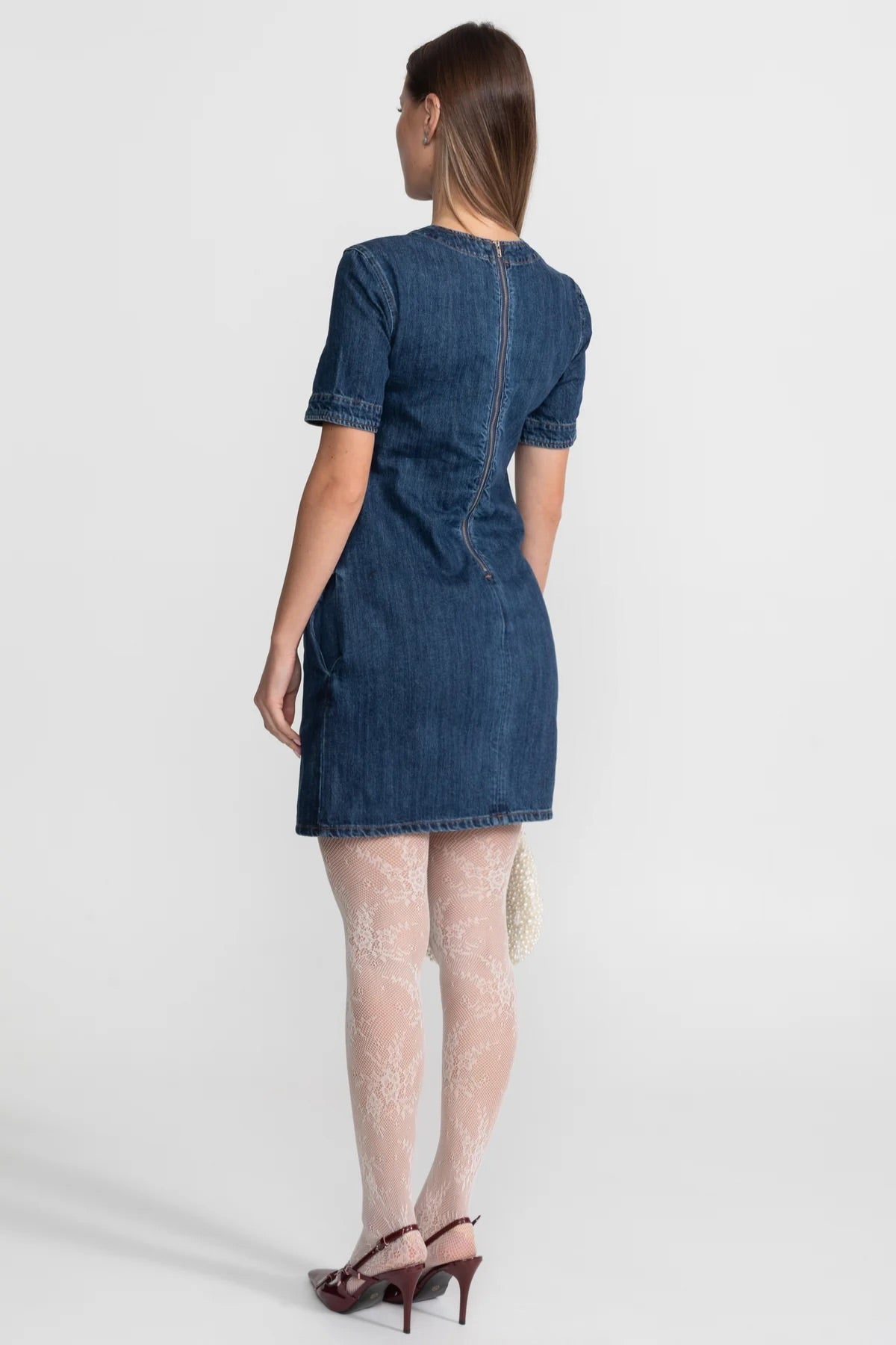 Verziertes Denim-Minikleid mit funkelnden Schleifen – Dunkelblau