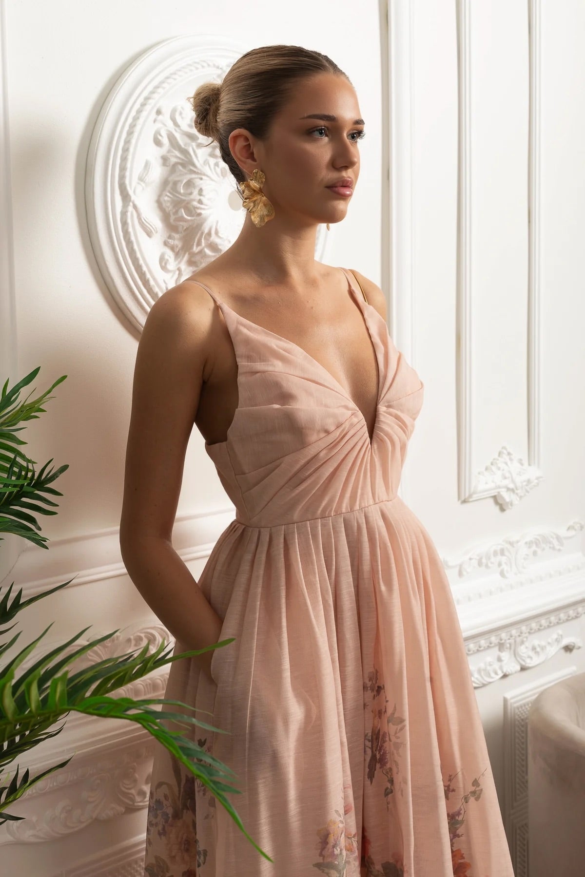 Ruched Bodice Strappy Midi Dress with Smocked Back and Gathered Skirt- Blush