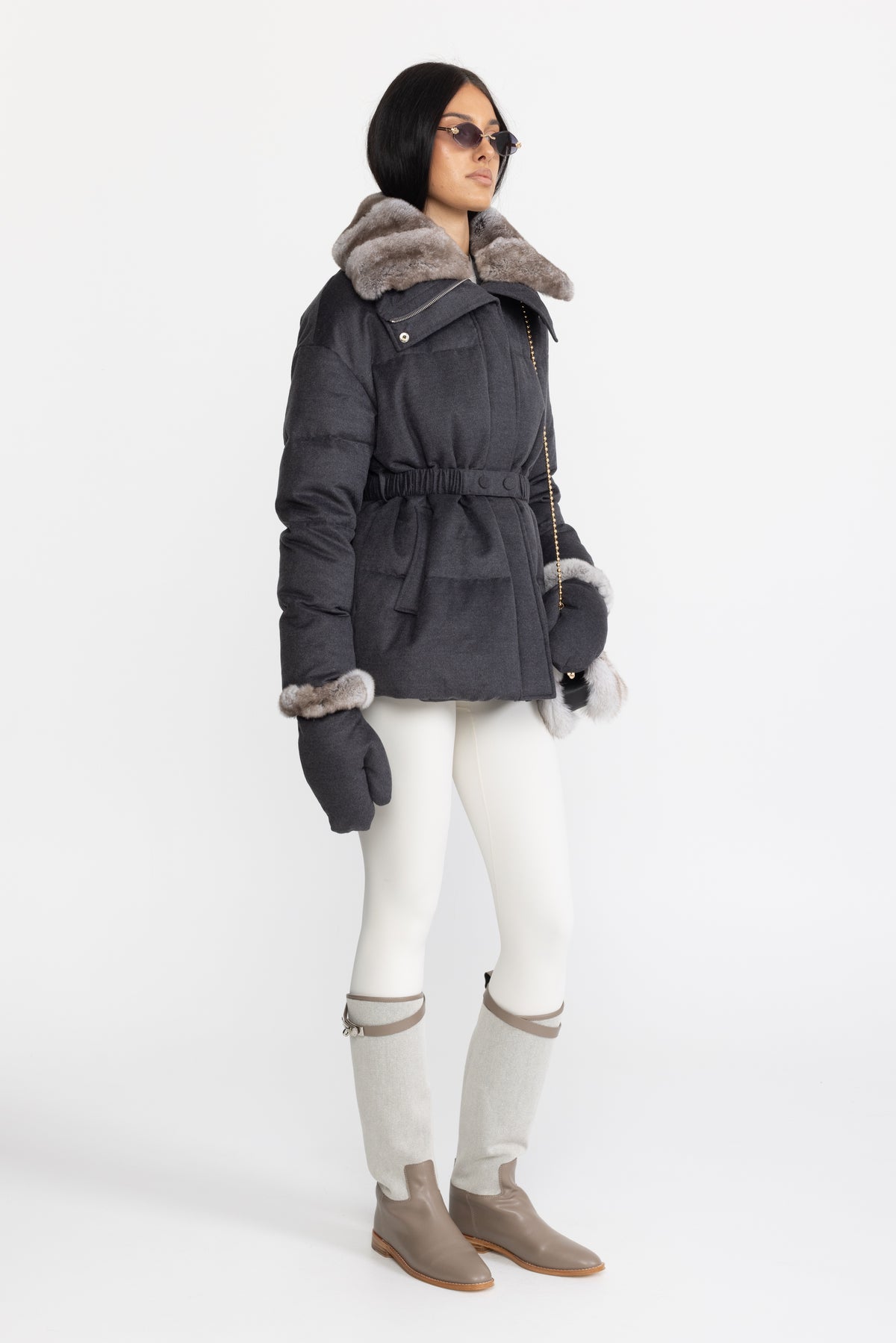 Rex Rabbit Fur Collar Cotton-Silk Down Jacket - Charcoal