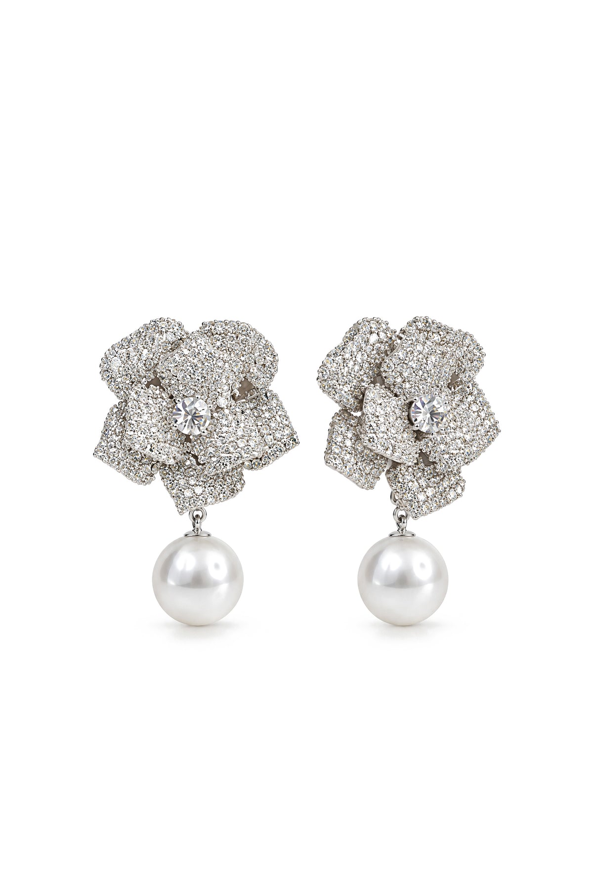 Crystal Camellia Ohrringe mit Perlenanhänger - Silber