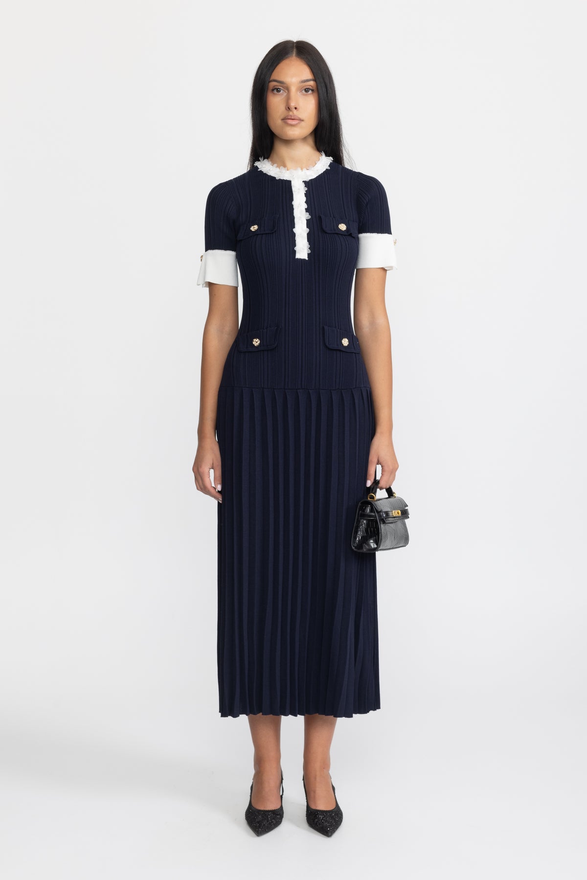 Pleated Knit Ruffle Trim Midi Dress - Navy