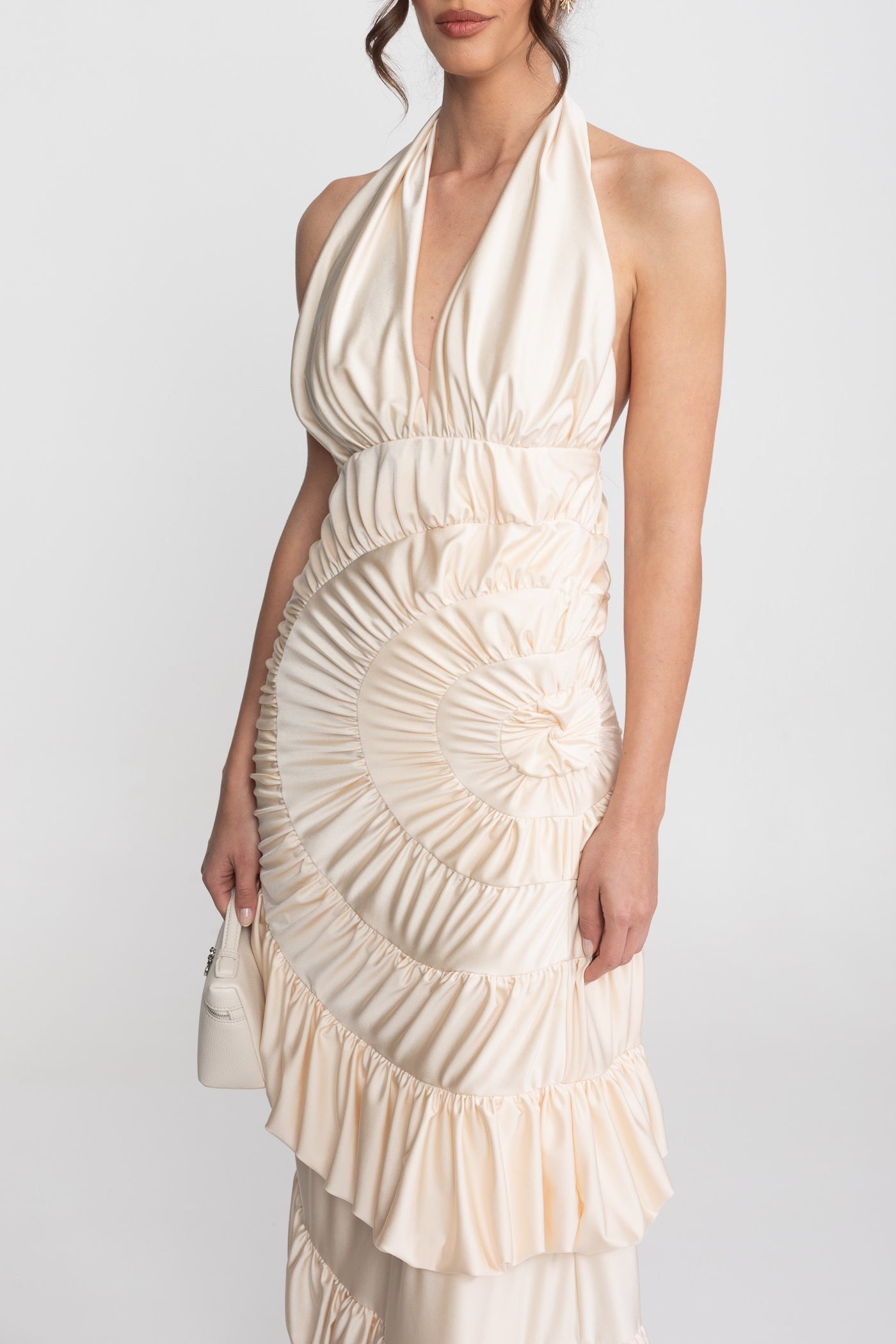 Halter Maxi Dress With Fan-Pleated Bodice And Tiered Ruffle Skirt - Ivoire