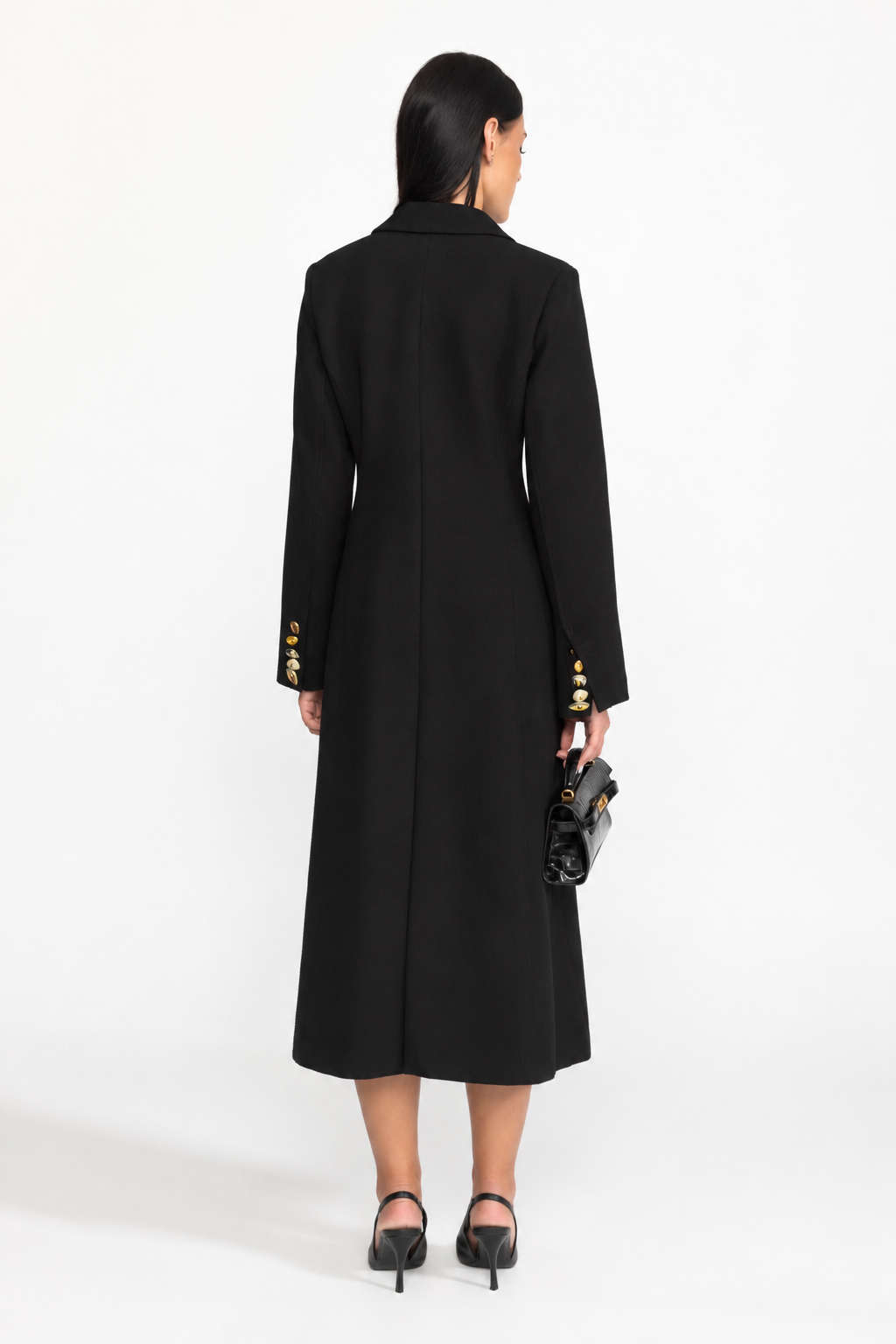 Embellished Lapel Double-Breasted Longline Coat - Black