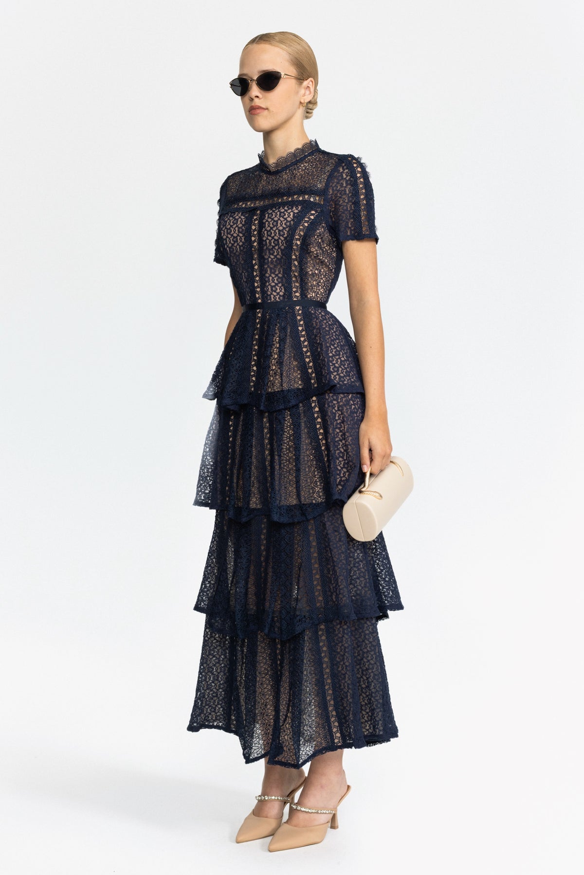 Panelled Lace Tiered Midi Dress - Navy