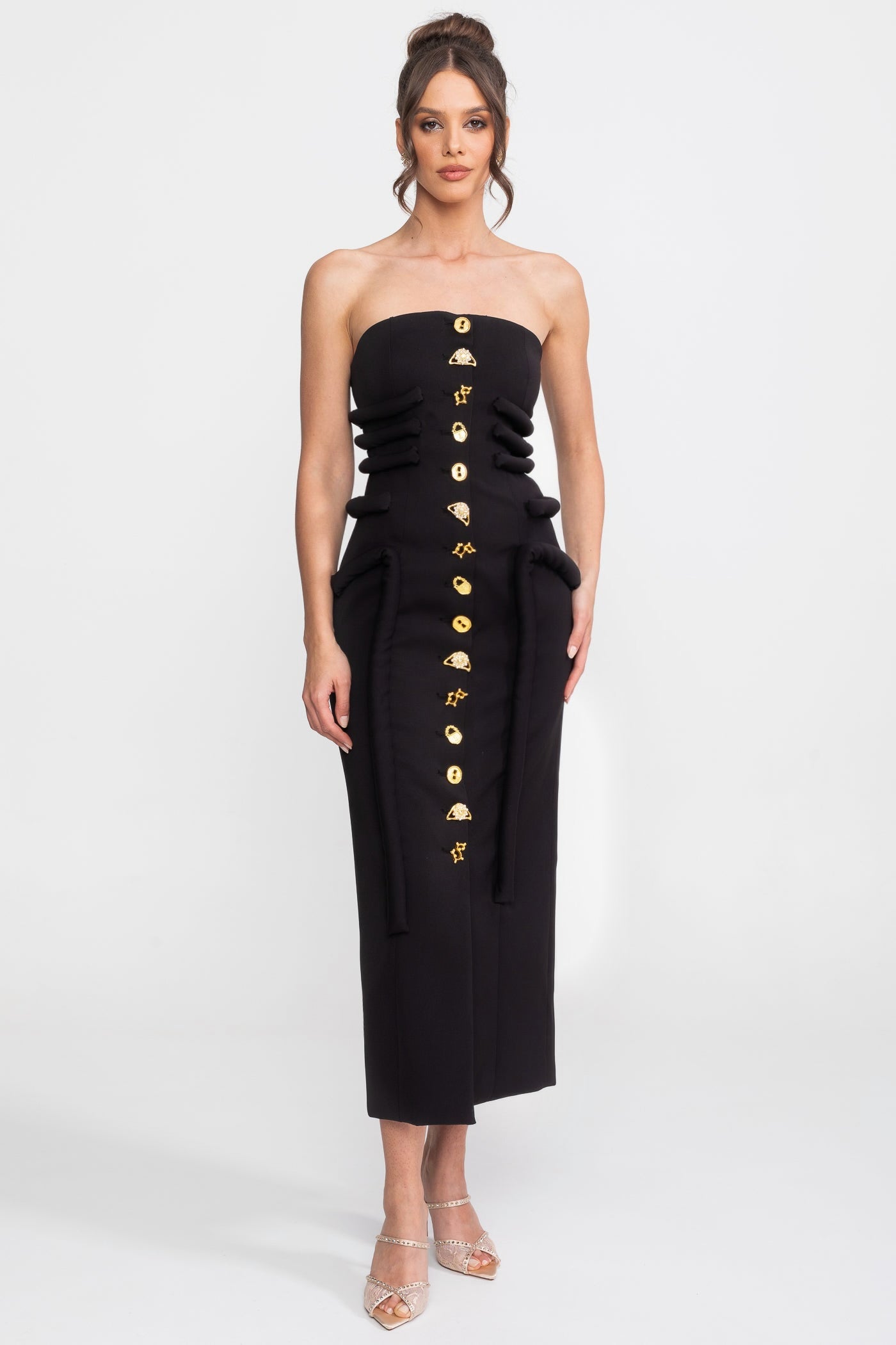 Black Midi Dress With Sculptural Knotted Bodice Detail And Jewel Buttons - Black