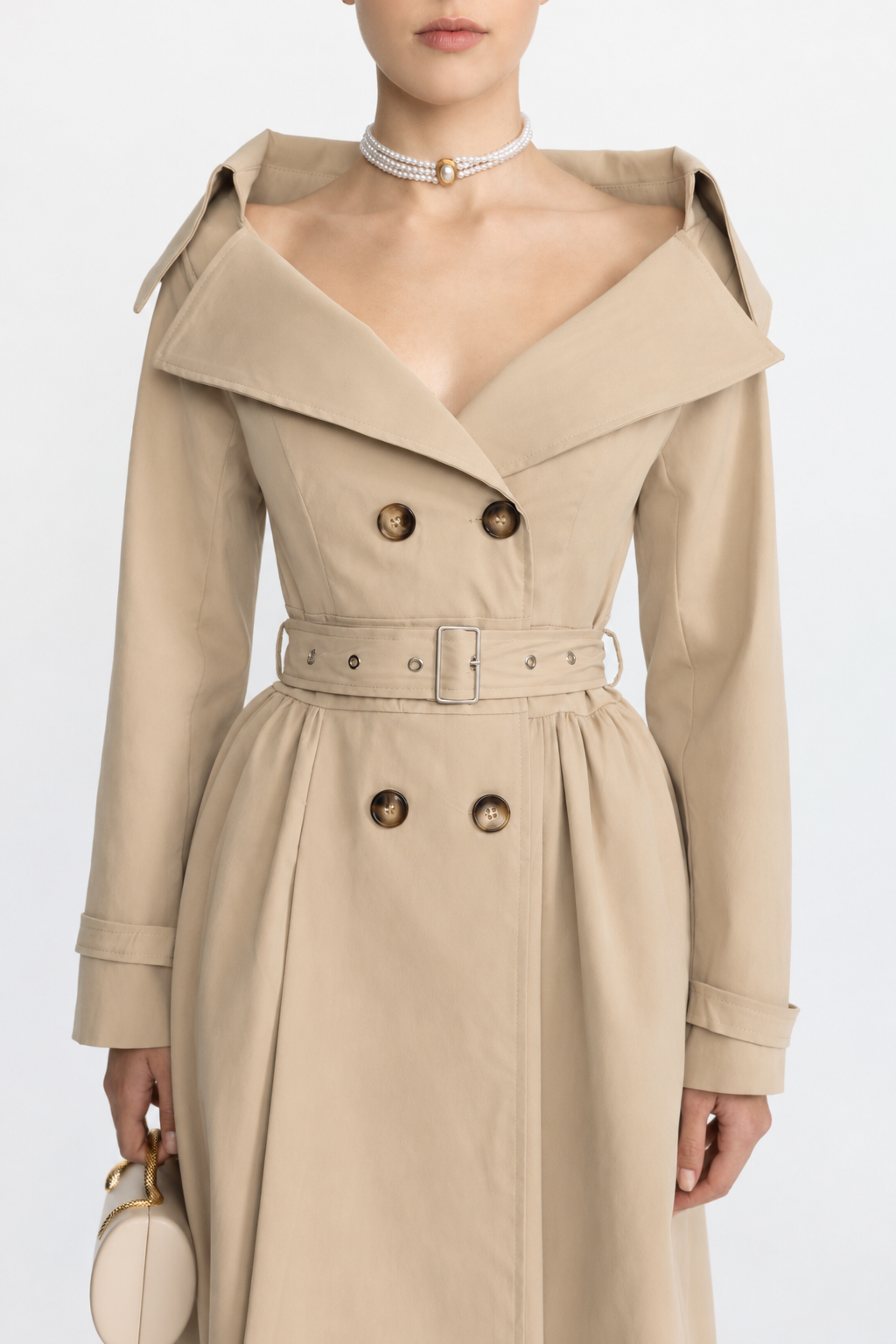 Off-Shoulder Collar Belted Trench Dress - Beige