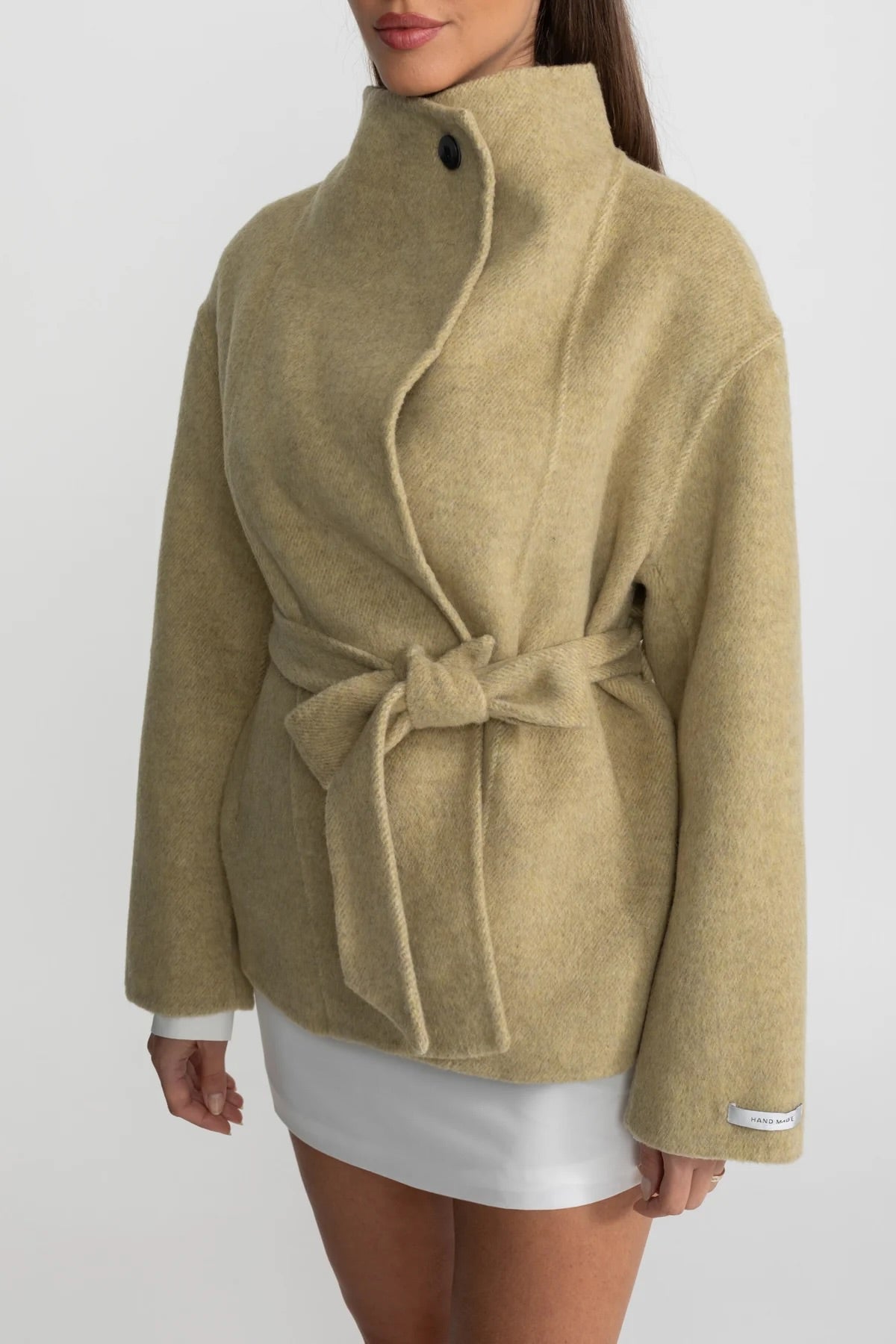 Belted Mini Coat With High Neckline - Beige