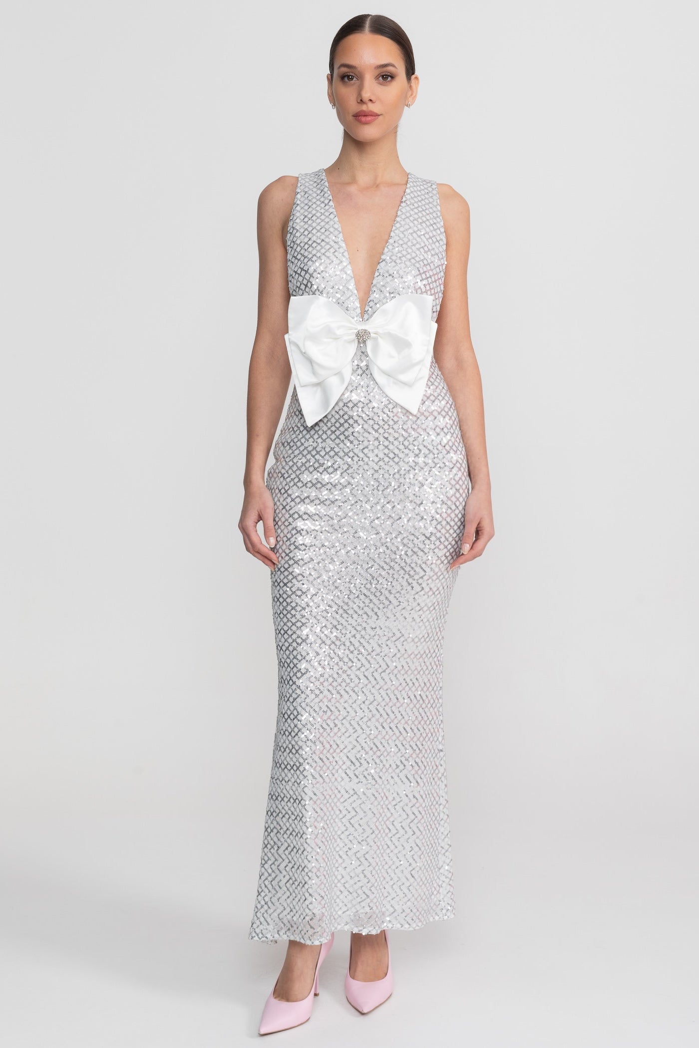 Sequin Maxi Dress With Satin Bow Detail - Light Grey