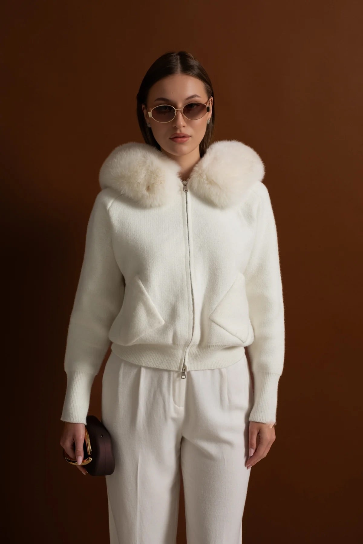 Zip-Up Wool Hoodie With Fox Fur Collar – Ivoire