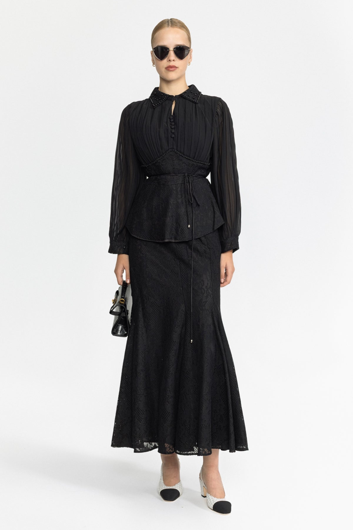 Pleated Chiffon Lace Peplum Blouse and Maxi Skirt Set - Black