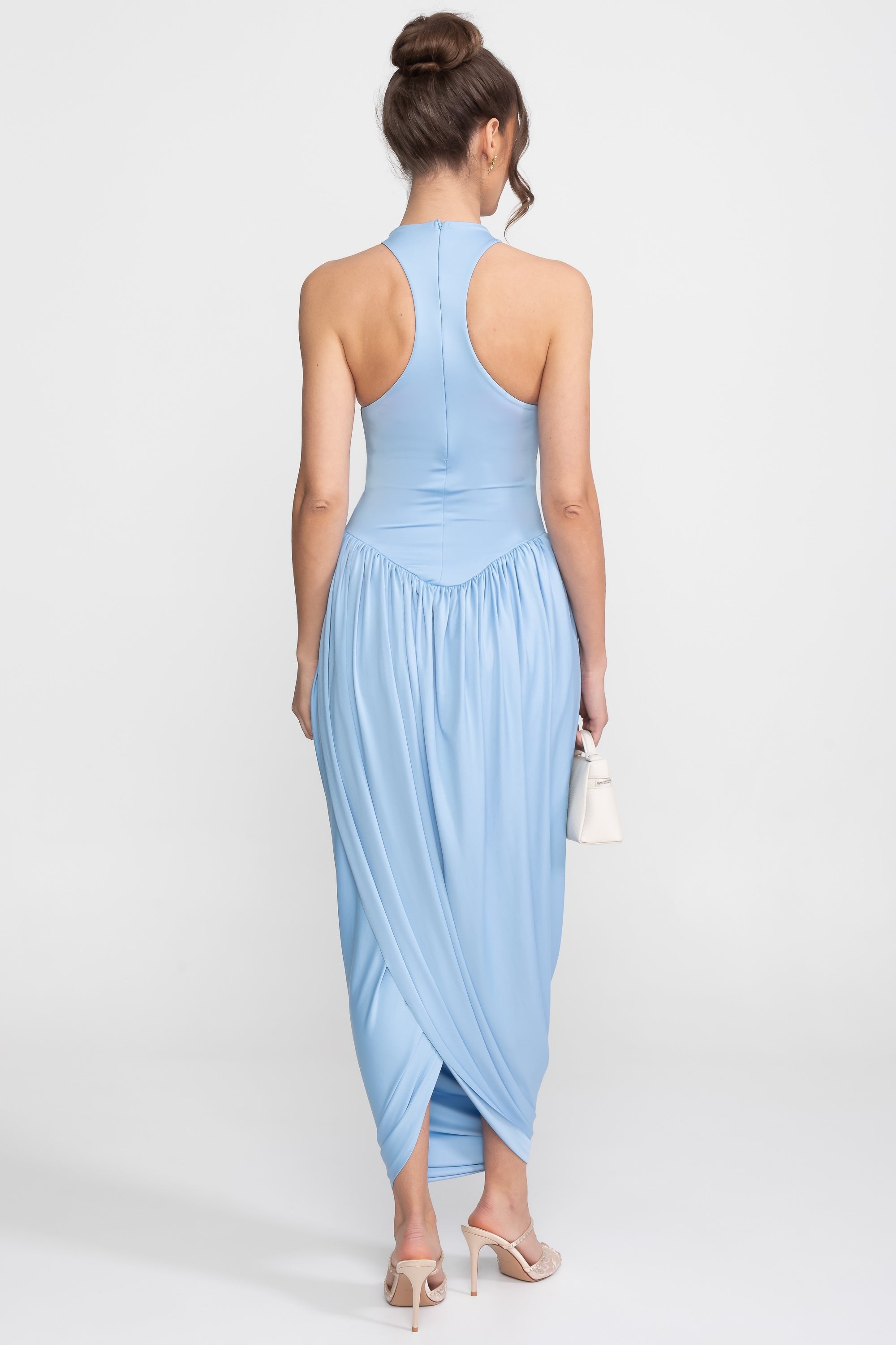 Maxikleid mit Neckholder und gerafftem Ballonrock - Hellblau
