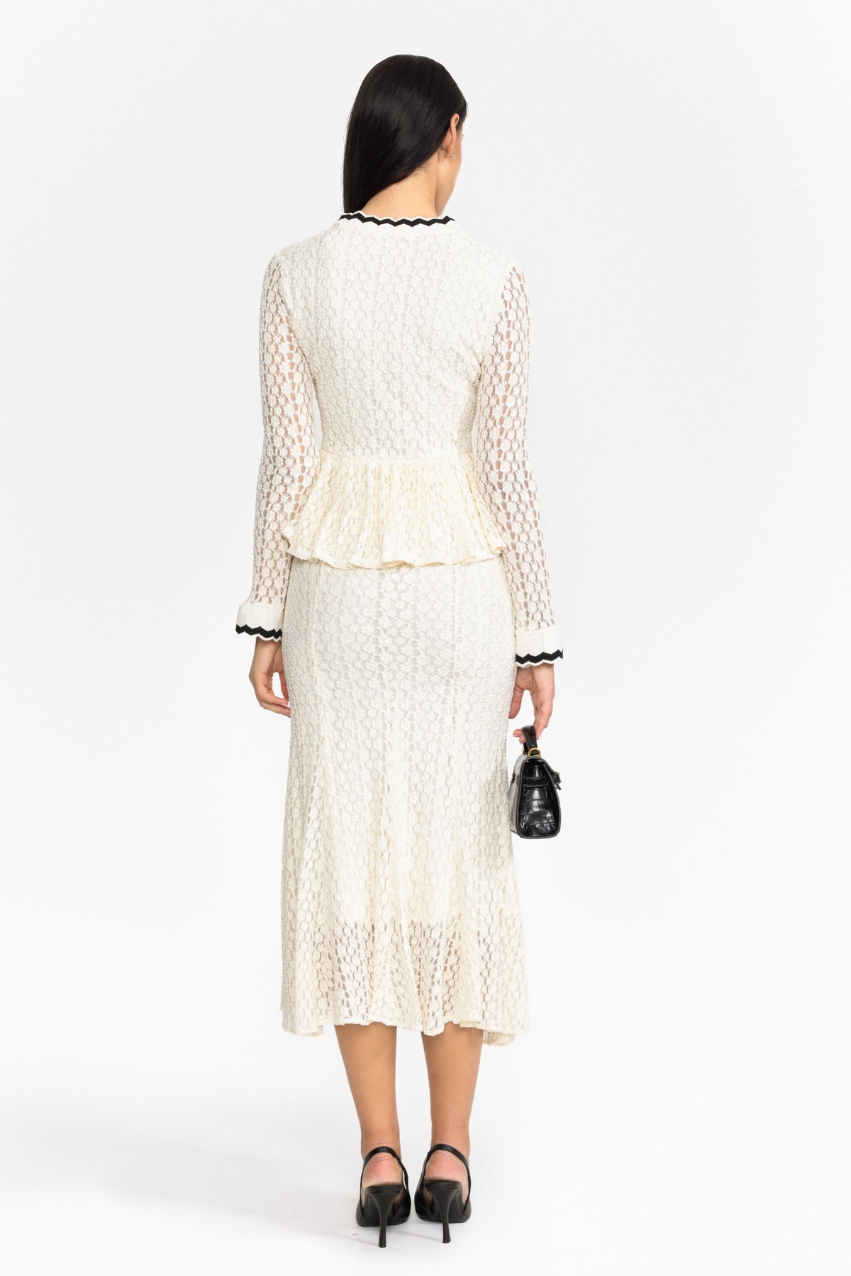 Midi-Kleid aus Häkelstrick mit Peplum und Ric-Rac-Besatz - Off-White