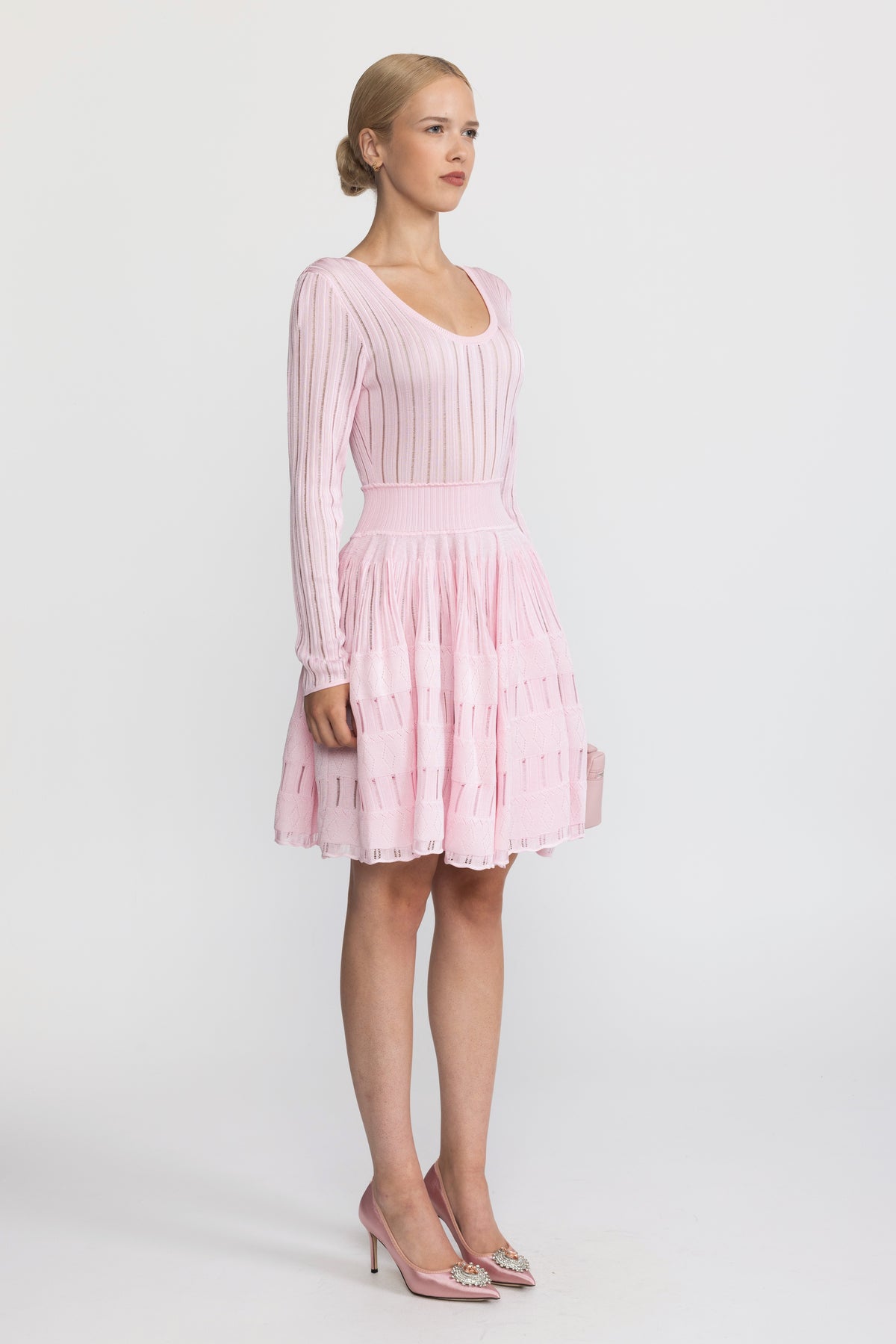 Ladder Knit Scoop Neck Skater Mini Dress - Pink