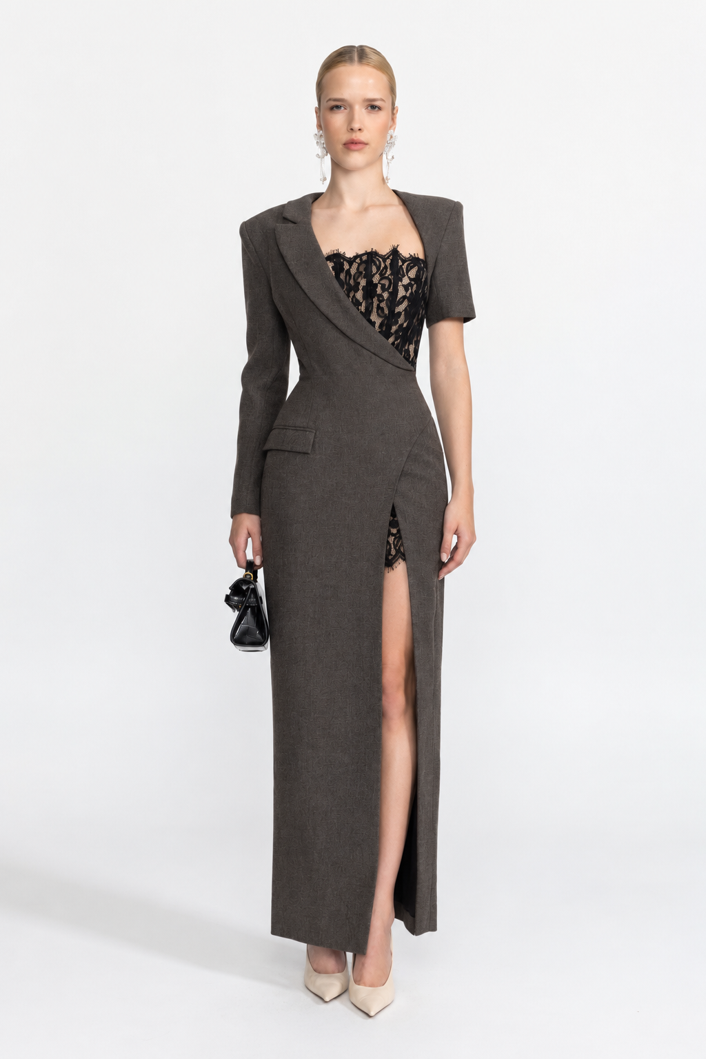Asymmetrisches Blazer-Maxikleid mit Spitzen-Bustier - Anthrazit