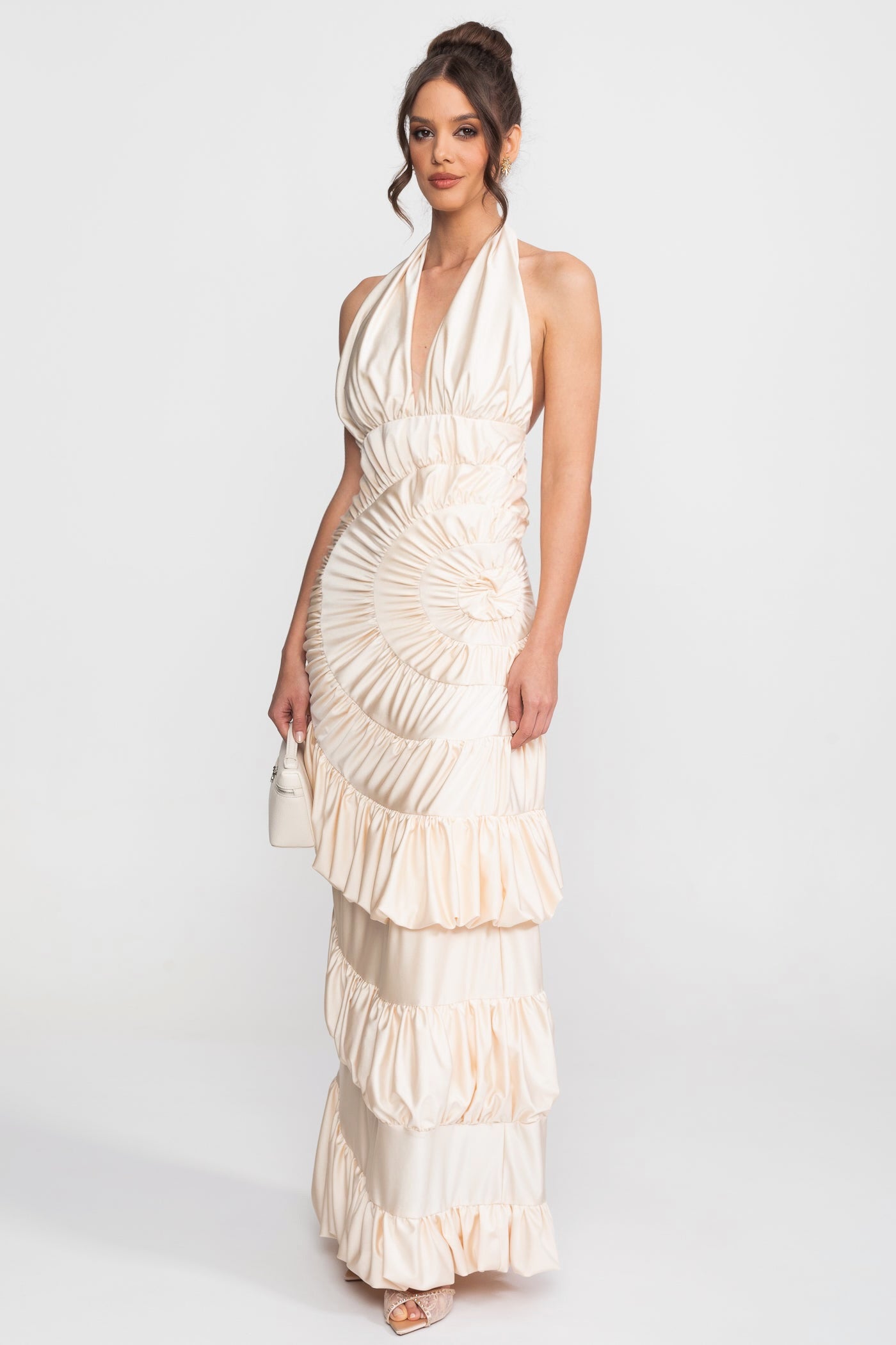 Halter Maxi Dress With Fan-Pleated Bodice And Tiered Ruffle Skirt - Ivoire