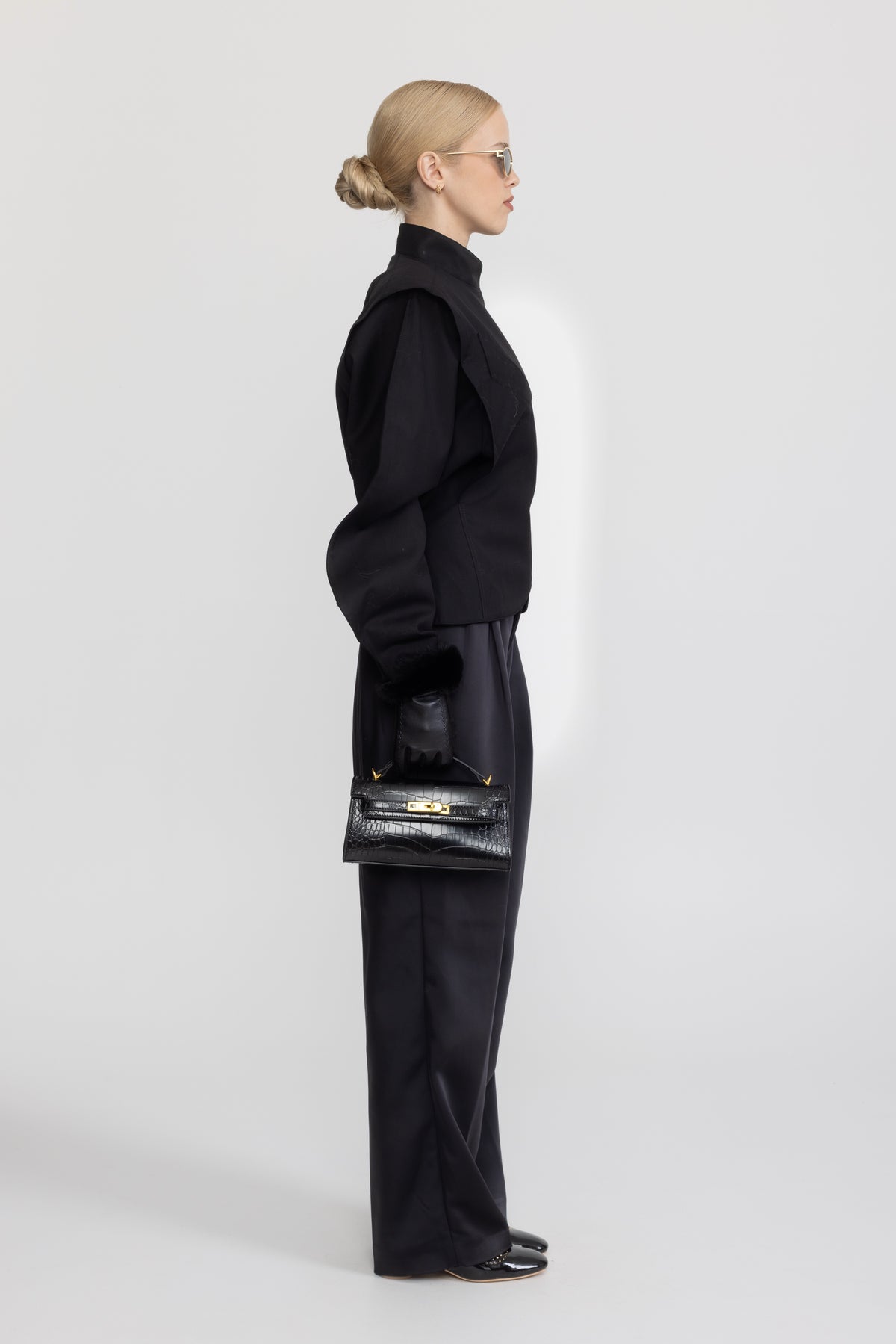Structured Balloon Sleeve Wrap Jacket - Black