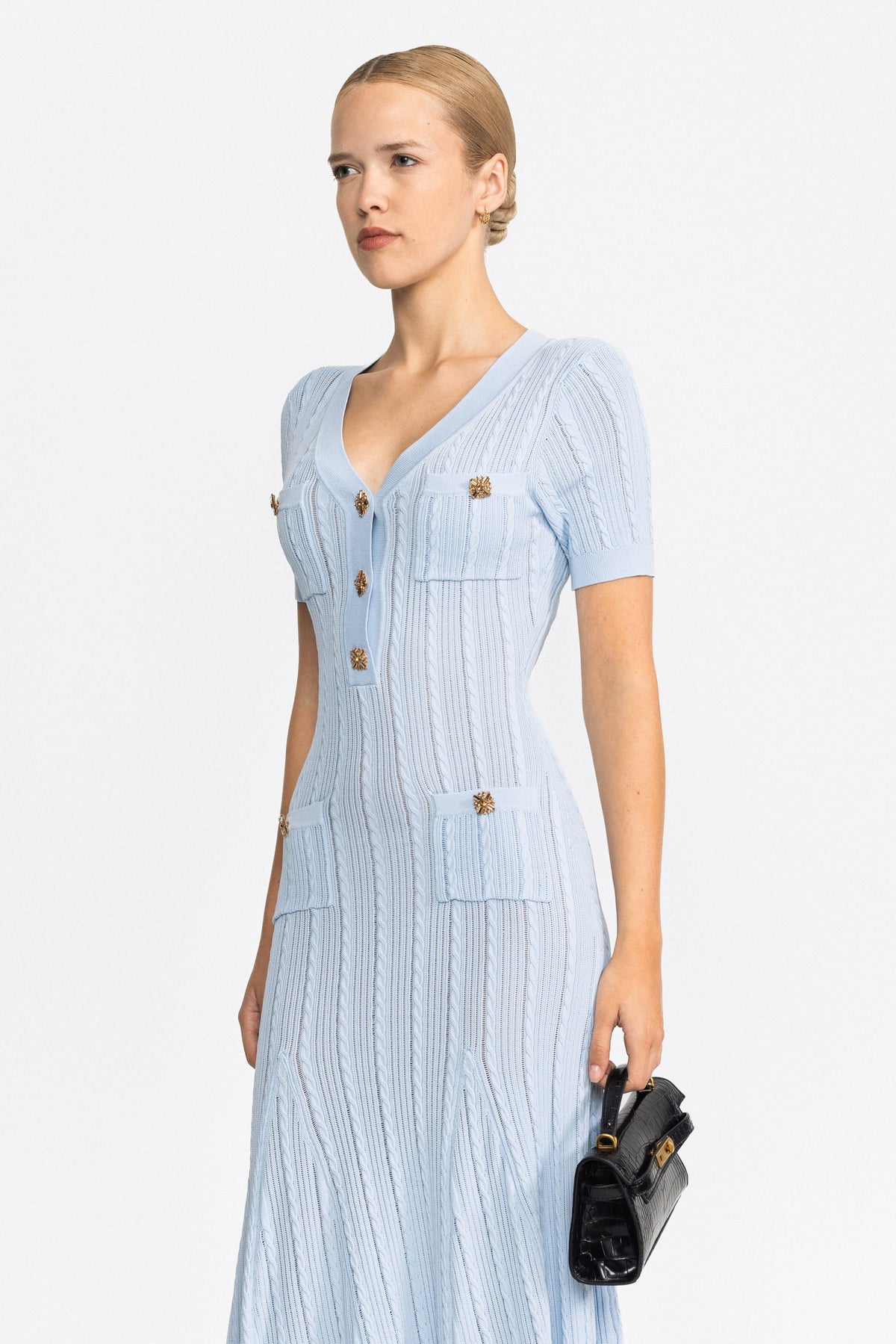 Cable Knit Jewel-Button Midi Dress - Light Blue
