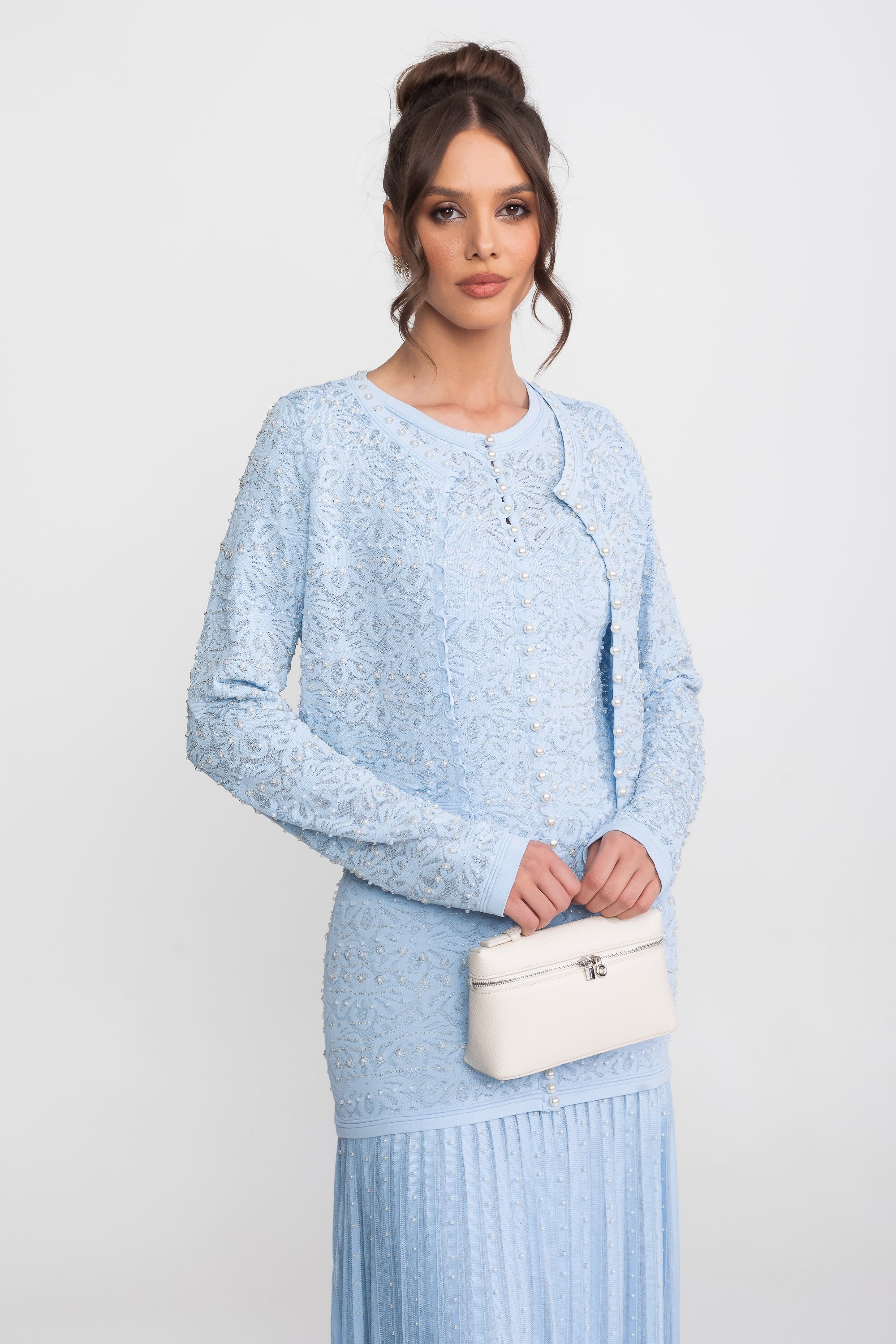 Embellished Long Sleeve Cardigan With Pearl Button Closure - Blue