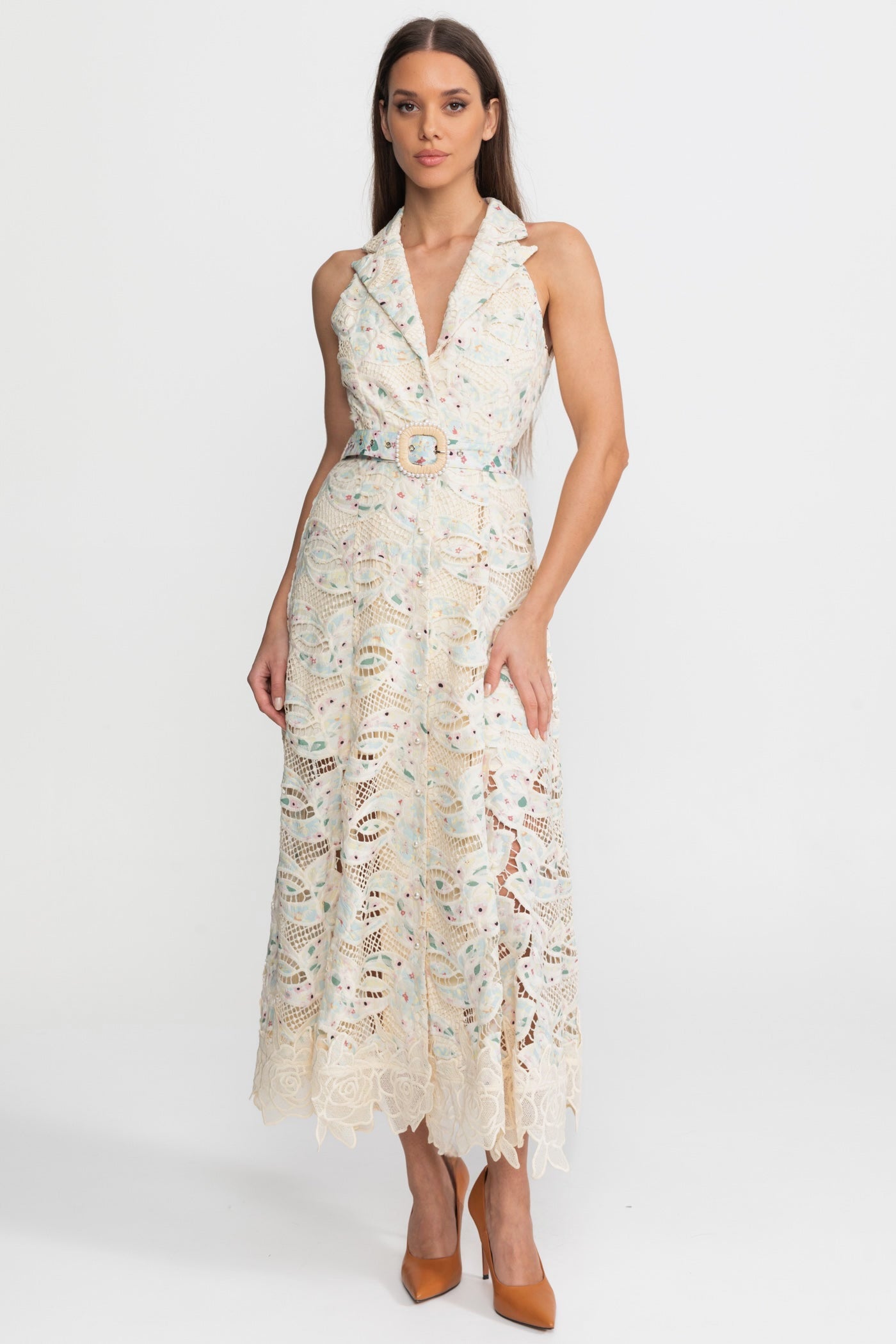 Spitzen-Midikleid mit Neckholder und Taillengürtel – Ivoire