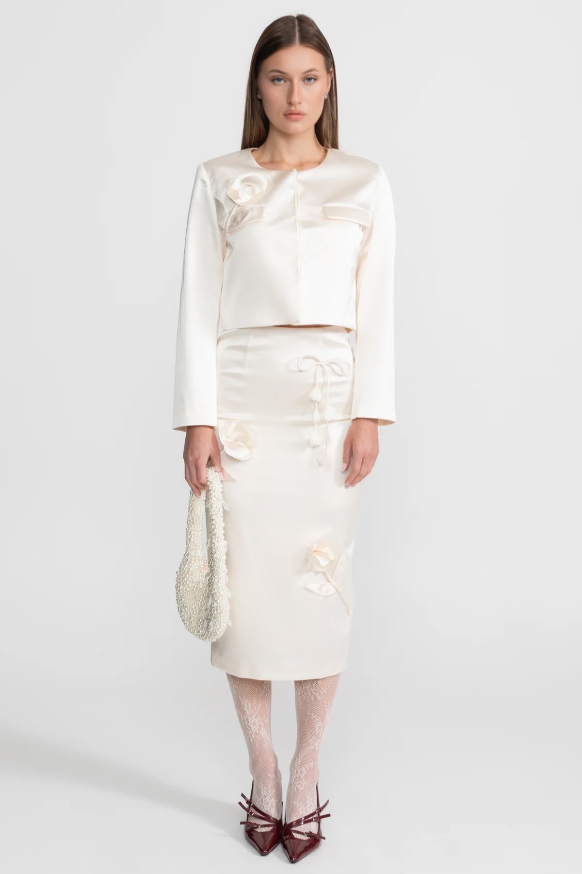 Taffeta-Bleistiftrock mit Schleife und floralen Details – Ivoire