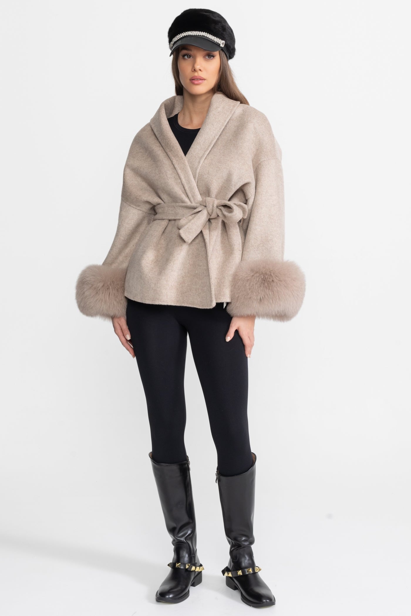 Wool Blend Wrap Jacket with Fox Fur Cuffs – Beige