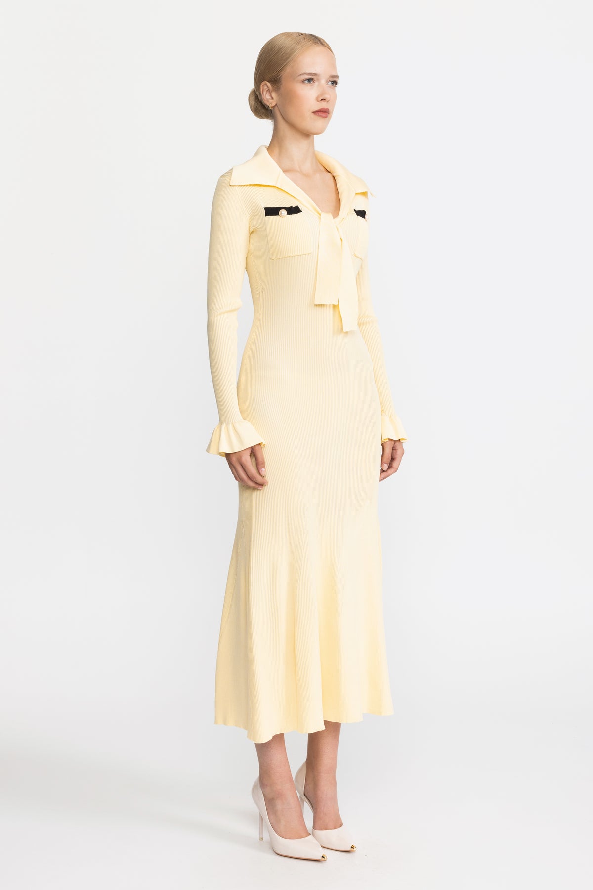 Tie Neck Rib Knit Ruffle Cuff Midi Dress - Yellow