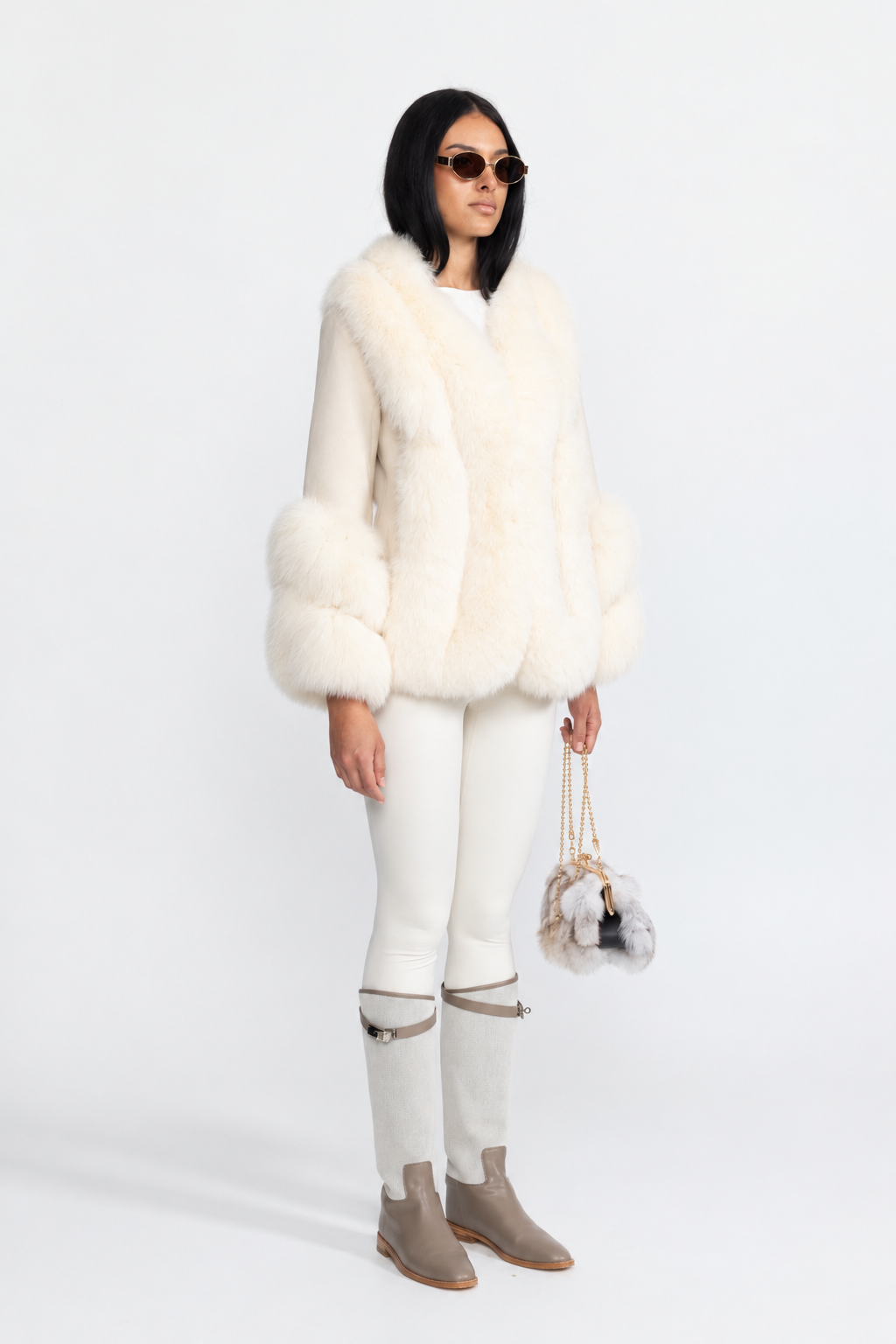 Fox Fur Panel Shearling Jacket - Ivoire