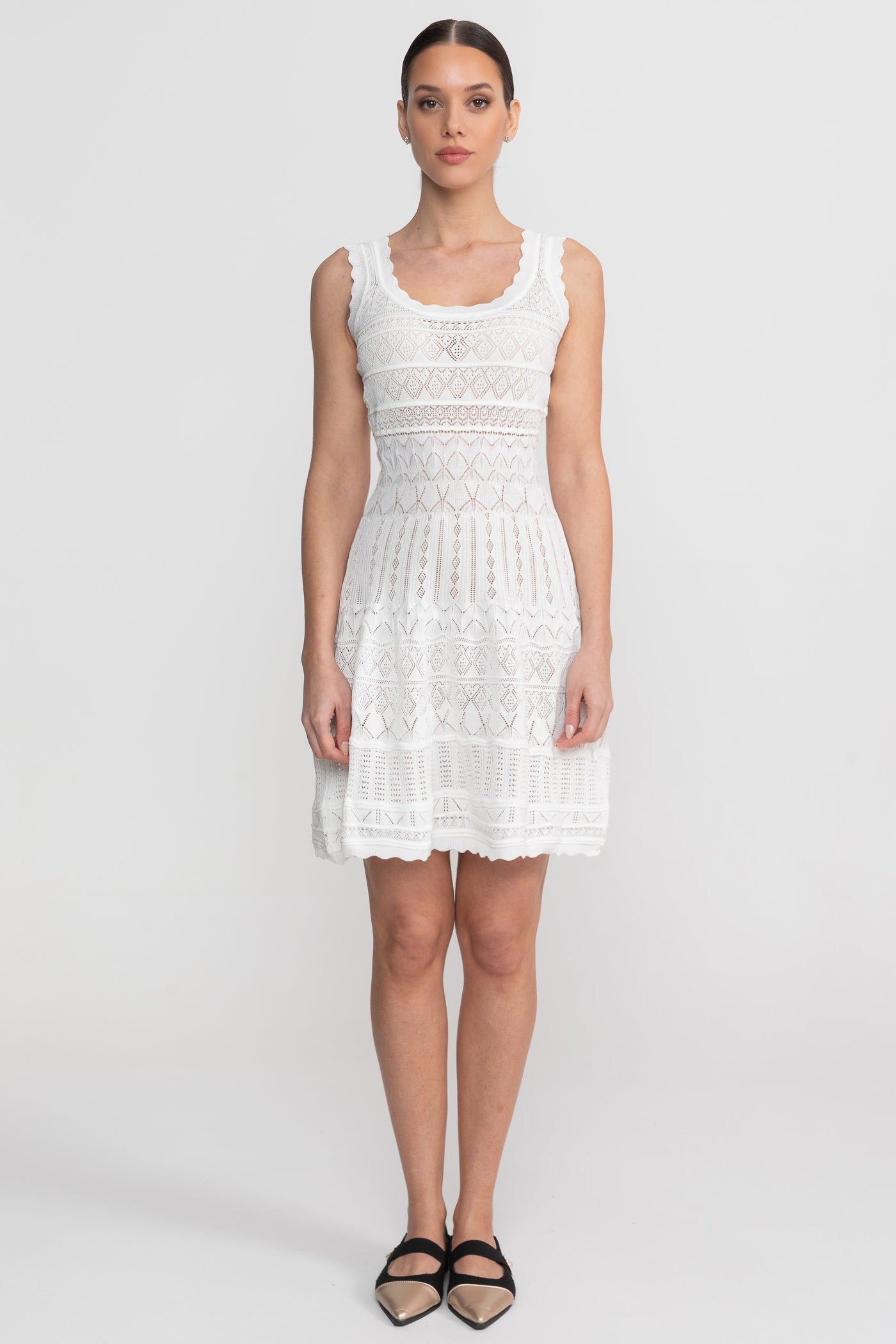 Sleeveless Mini Dress With Scalloped Lace Trim - White